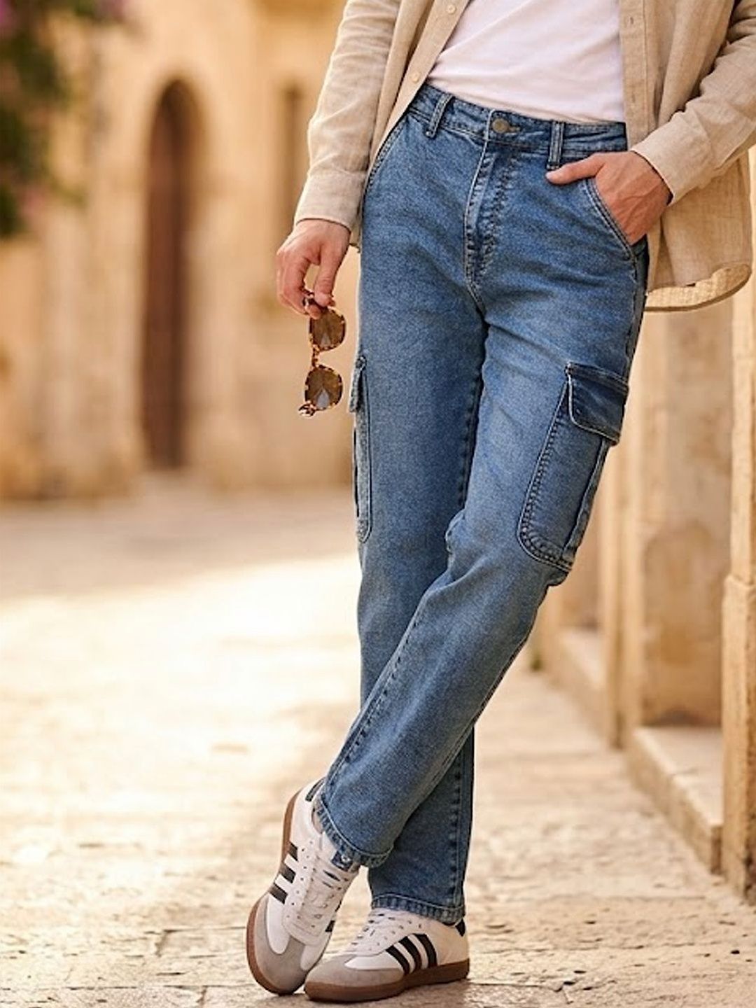 Urbano Fashion Men Light Blue Regular Fit Washed Cargo Jeans With 6 Pockets Stretchable