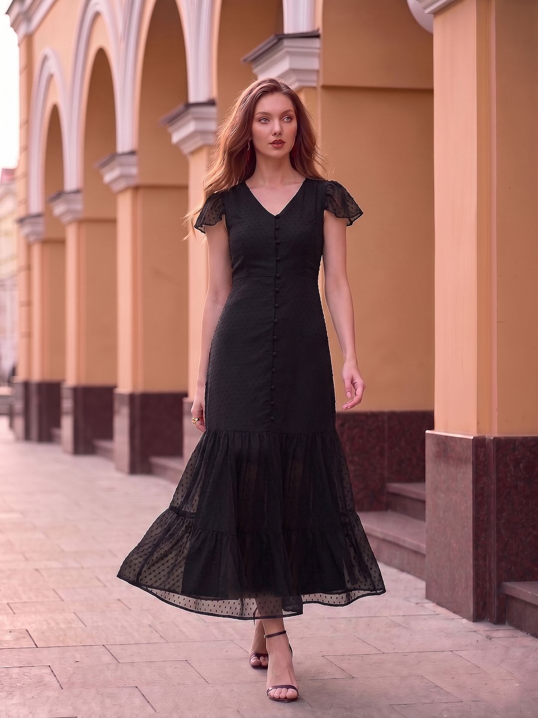 aayu Women Georgette Drop Waist Maxi Tiered Dress