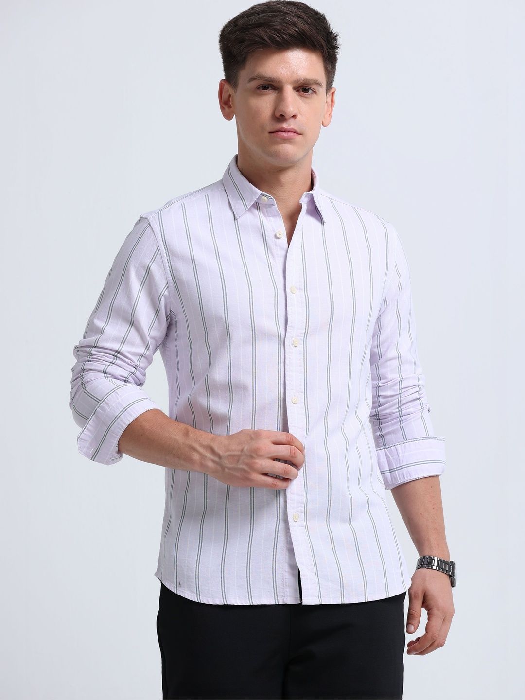 Blu MNKY Men Classic Slim Fit Striped Casual Shirt