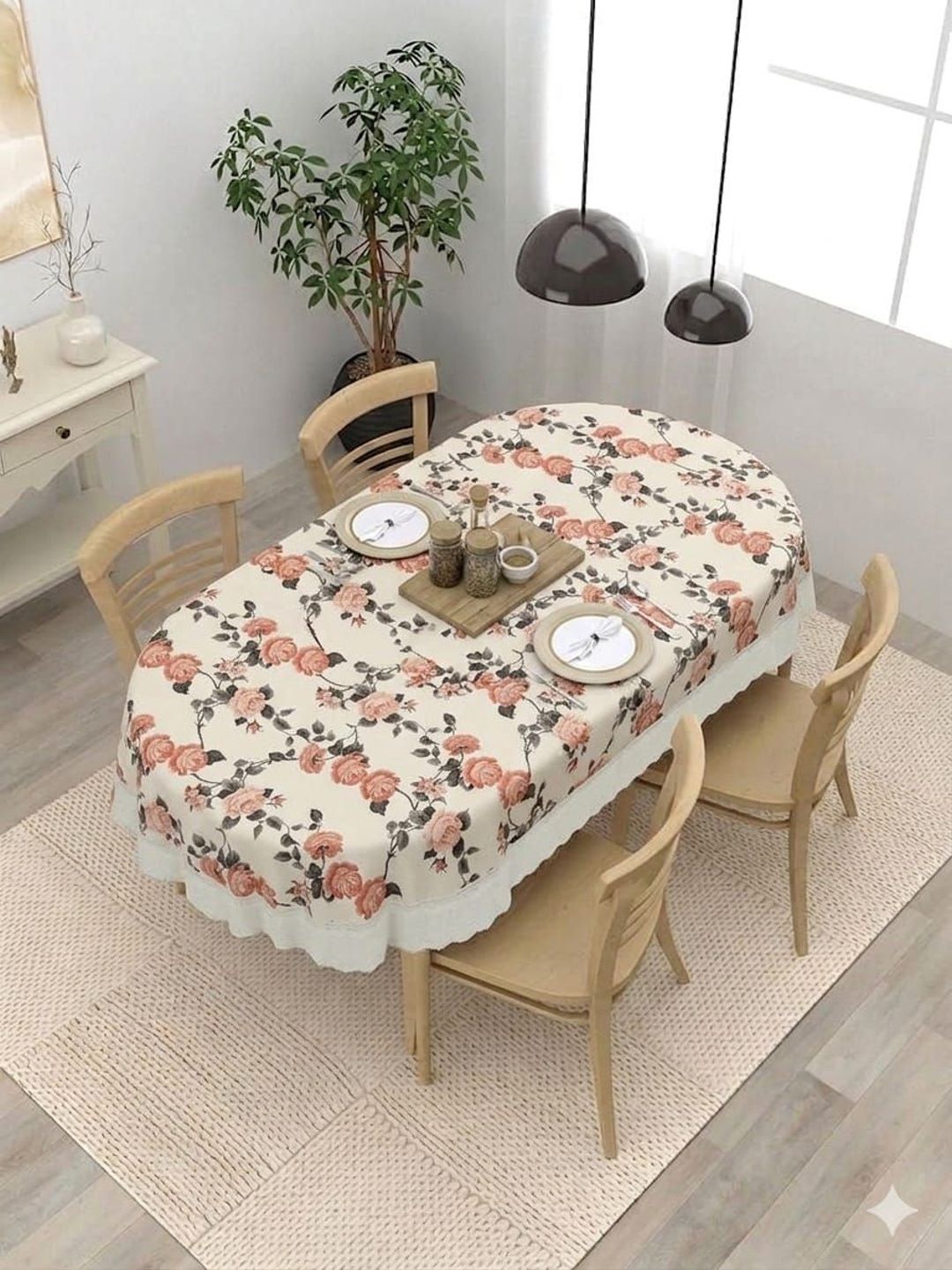 IC ICONIC CHOICE IC ICONIC CHOICE Off White Floral Oval 4-Seater Table Cover