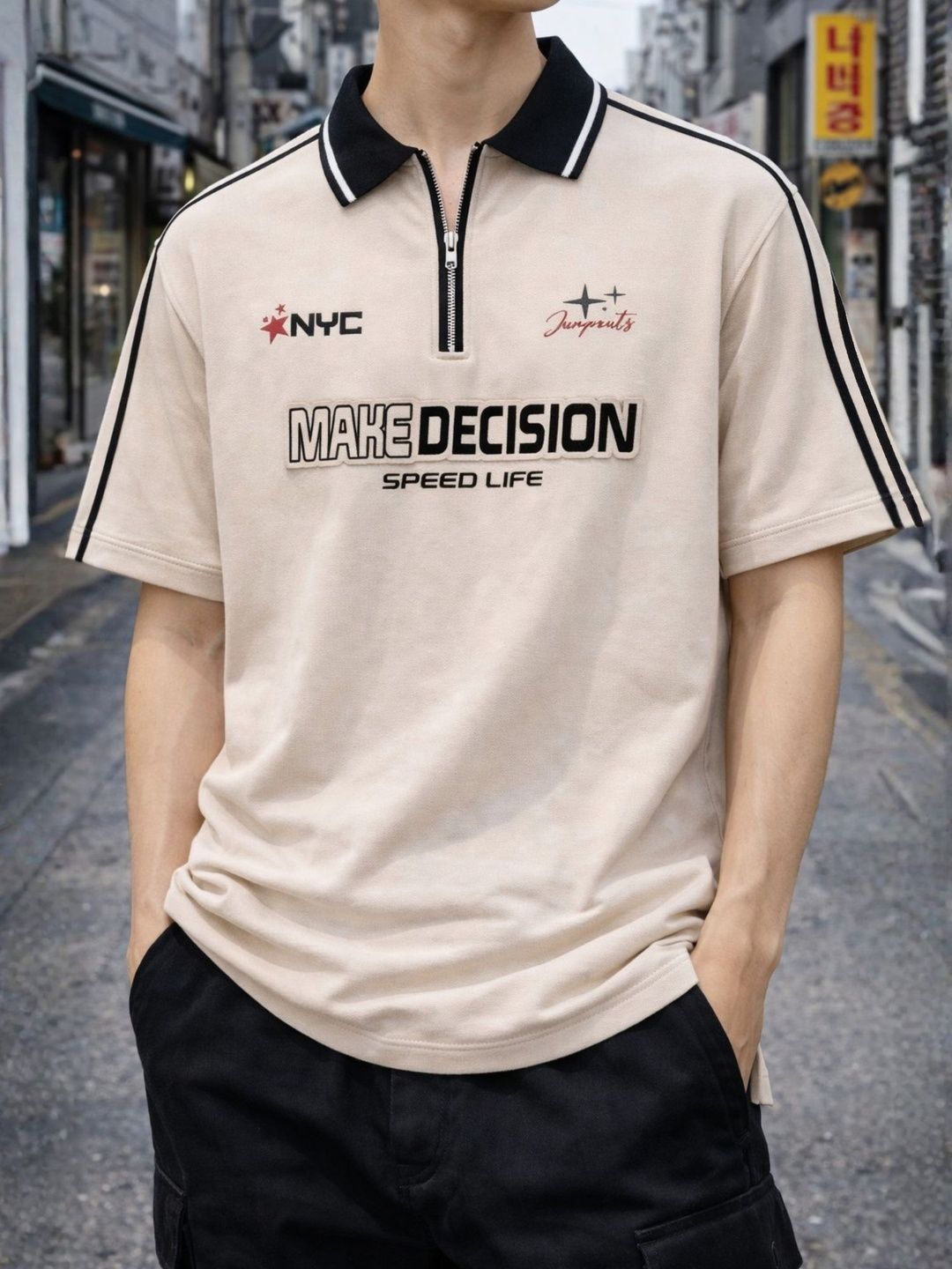 JUMPCUTS Men Typography Printed Polo Collar Applique T-shirt