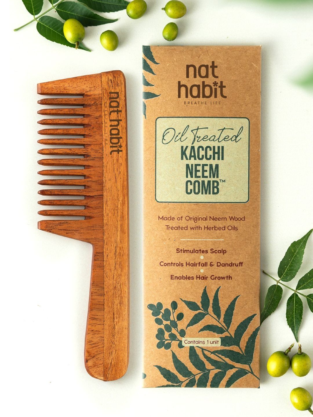 Nat Habit Kacchi Neem Handmade Wide Wooden Tooth Comb for Long Thick Hair