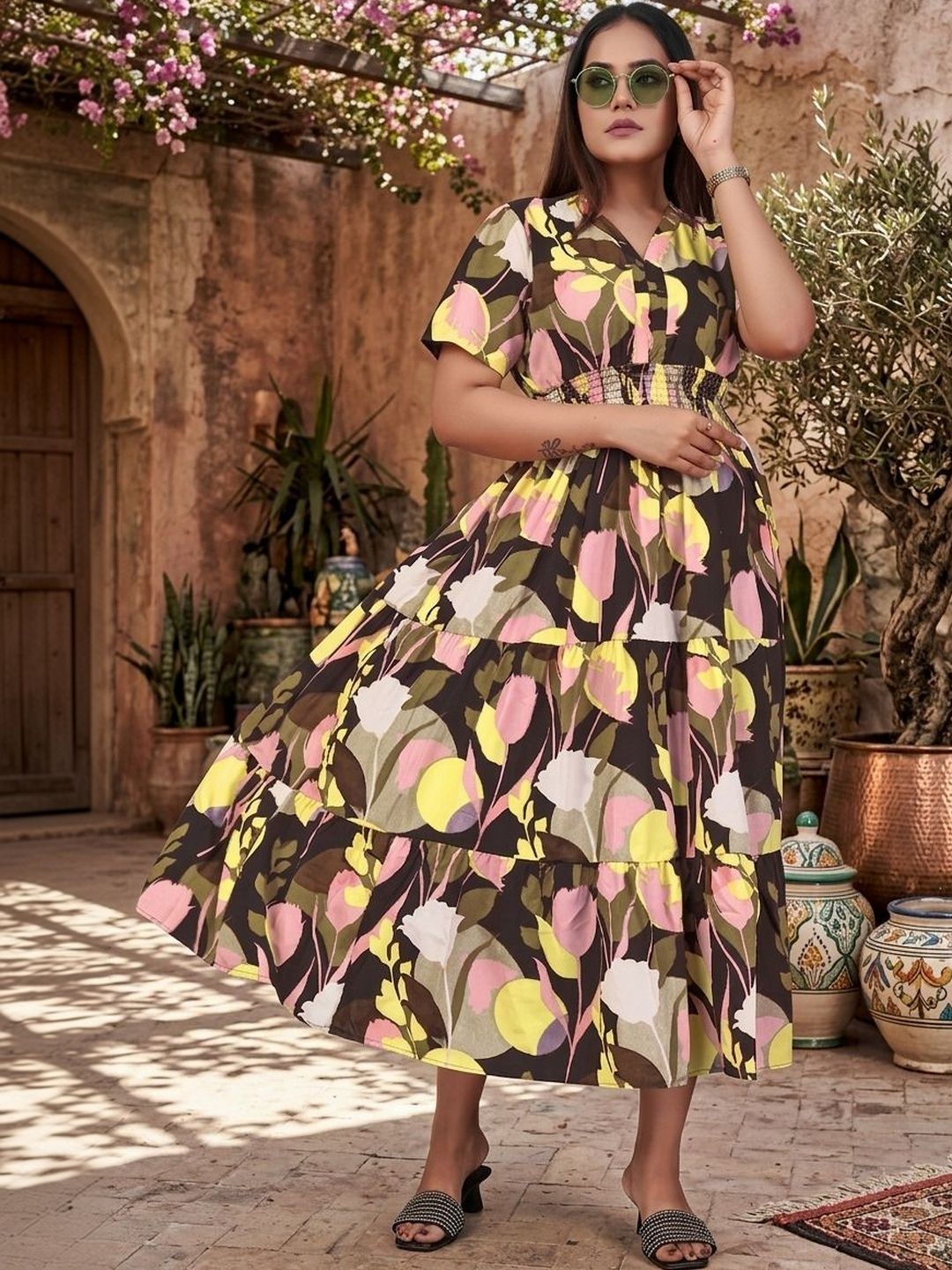 MANDIV FASHION Floral Print Crepe A-Line Midi Dress