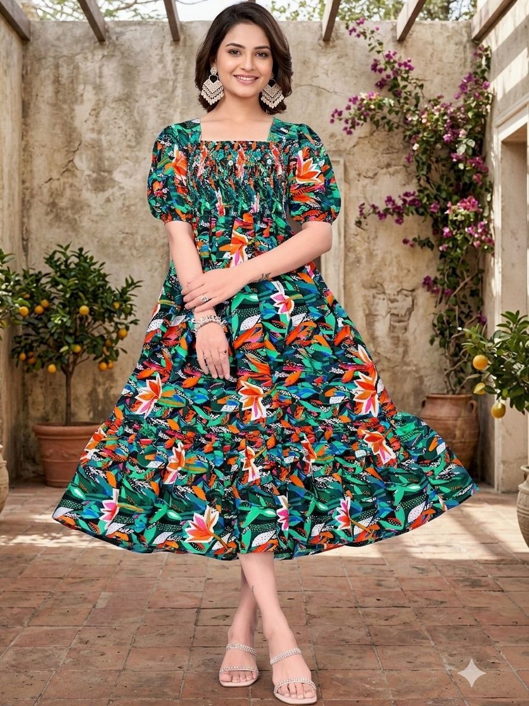 MANDIV FASHION Floral Print Puff Sleeve Crepe A-Line Midi Dress