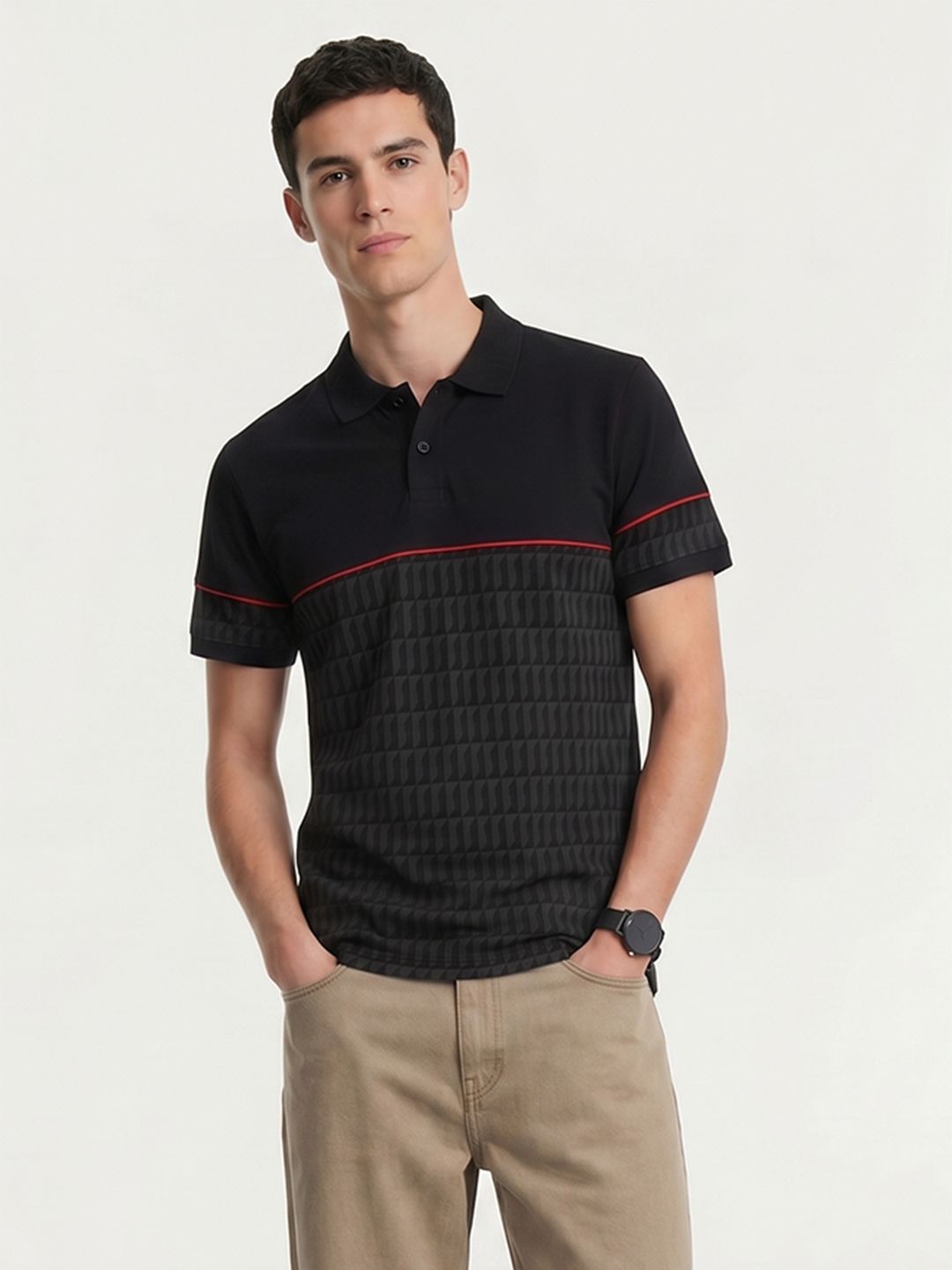 Mast & Harbour Polo Collar Geometric Printed Pure Cotton T-shirt
