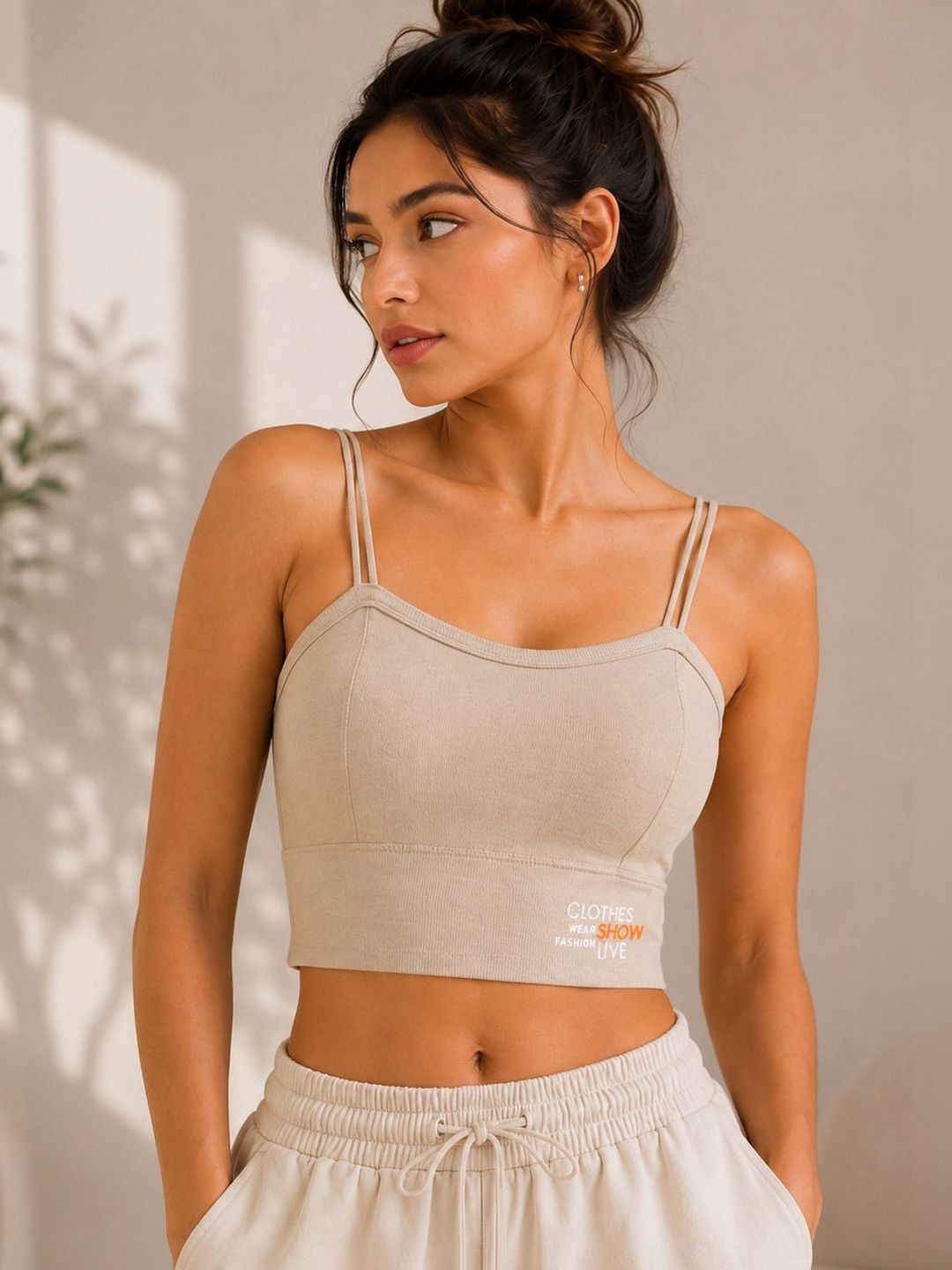 THE HOUSE OF THREADS THE HOUSE OF THREADS Typography Printed Shoulder Straps Sleeveless Crop Bralette  Top