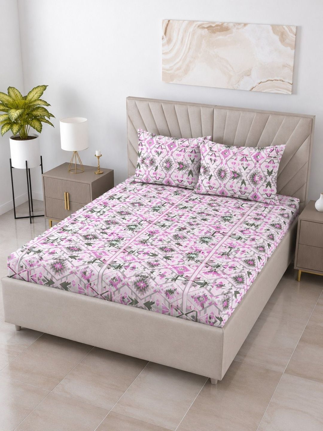 BOMBAY DYEING BOMBAY DYEING Pink & Grey 144 TC Bedsheet with 2 Pillow Covers