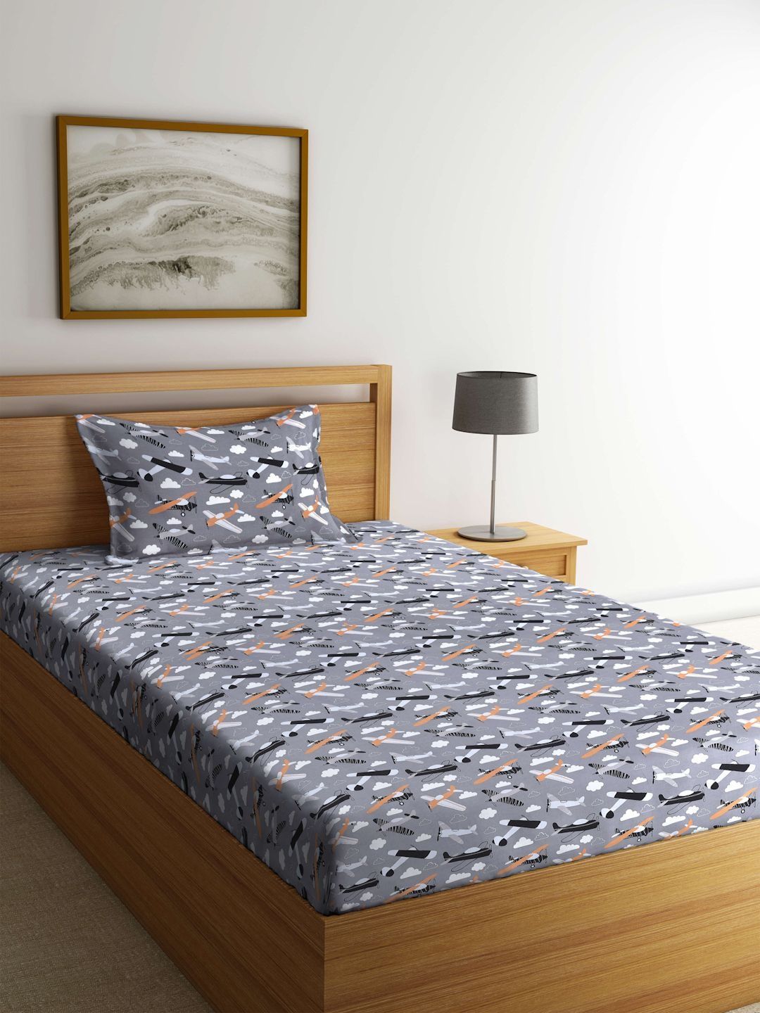 BOMBAY DYEING BOMBAY DYEING Grey & Orange 144 TC Single Bedsheet with 1 Pillow Covers
