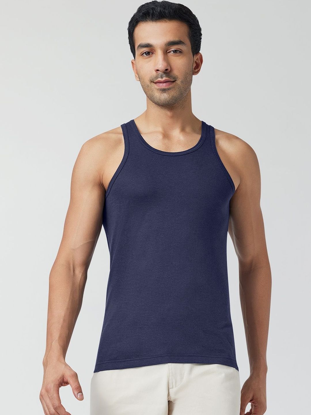 XYXX Men Solid ACE Cotton Modal Navy Blue Round Neck Innerwear Vest