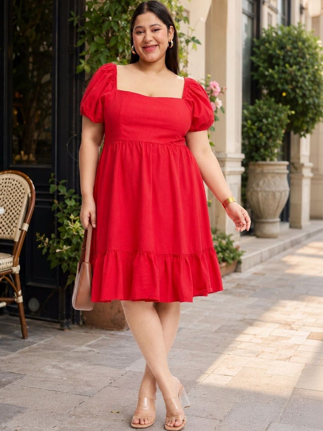 Fit & Flare Puff Sleeve Dress Virgio Women Puff Sleeve Fit & Flare Mini Plus Size Dress