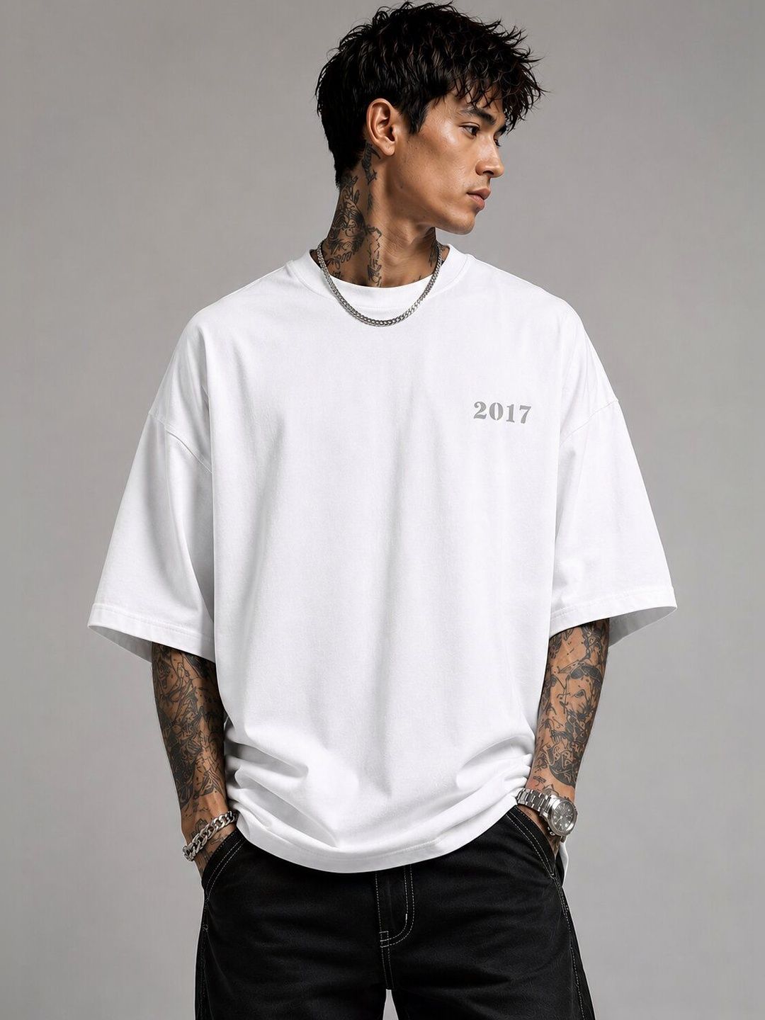 HERE&NOW Men Printed Drop-Shoulder Sleeves T-shirt