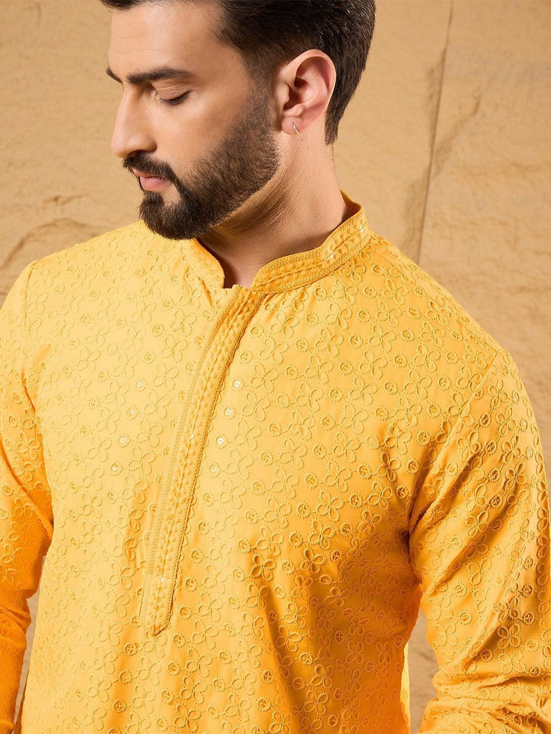 House of Pataudi Embroidered Thread Work Mandarin Collar Straight Kurta
