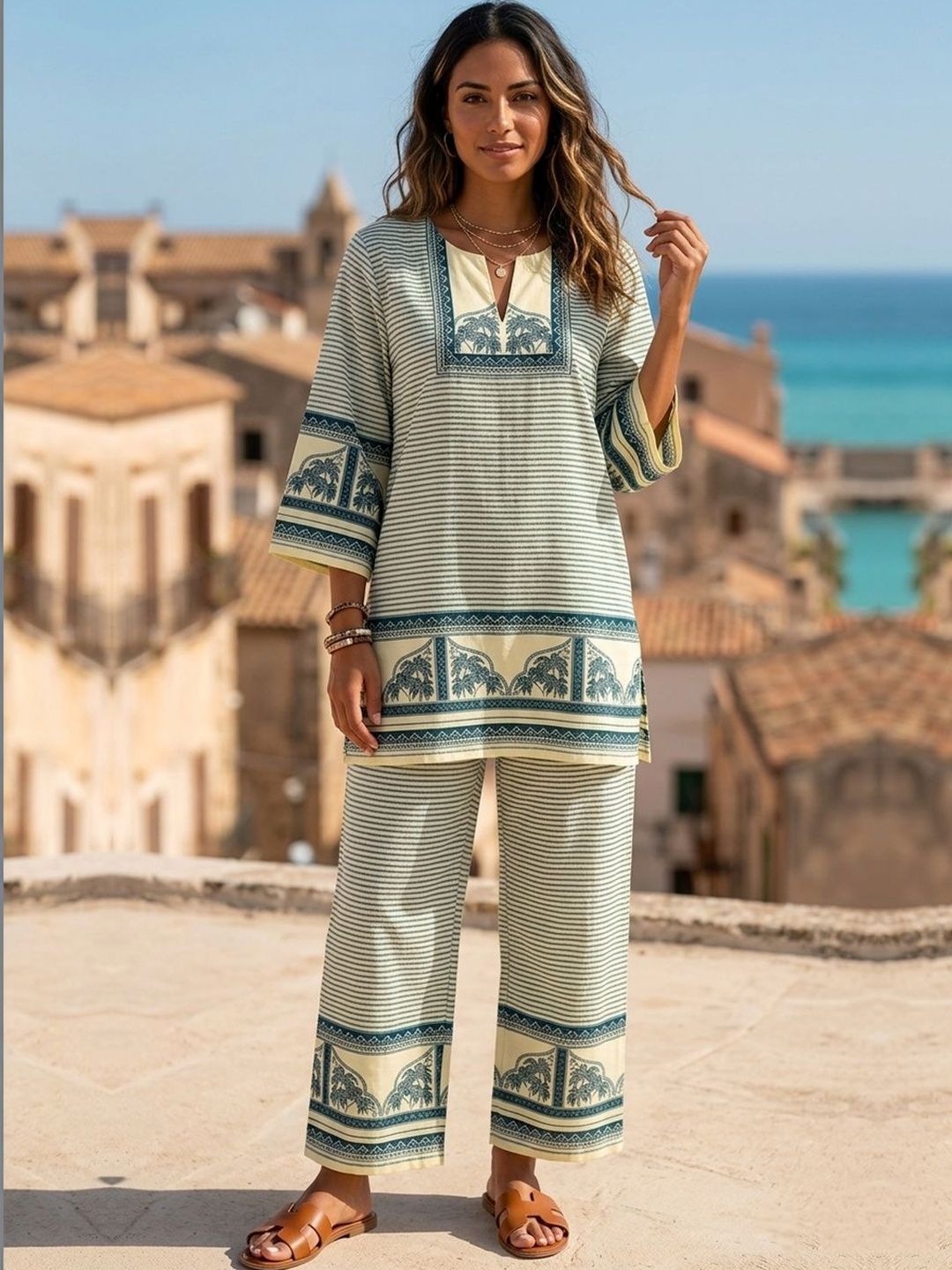 OOJAL Striped Tunic with Palazzos