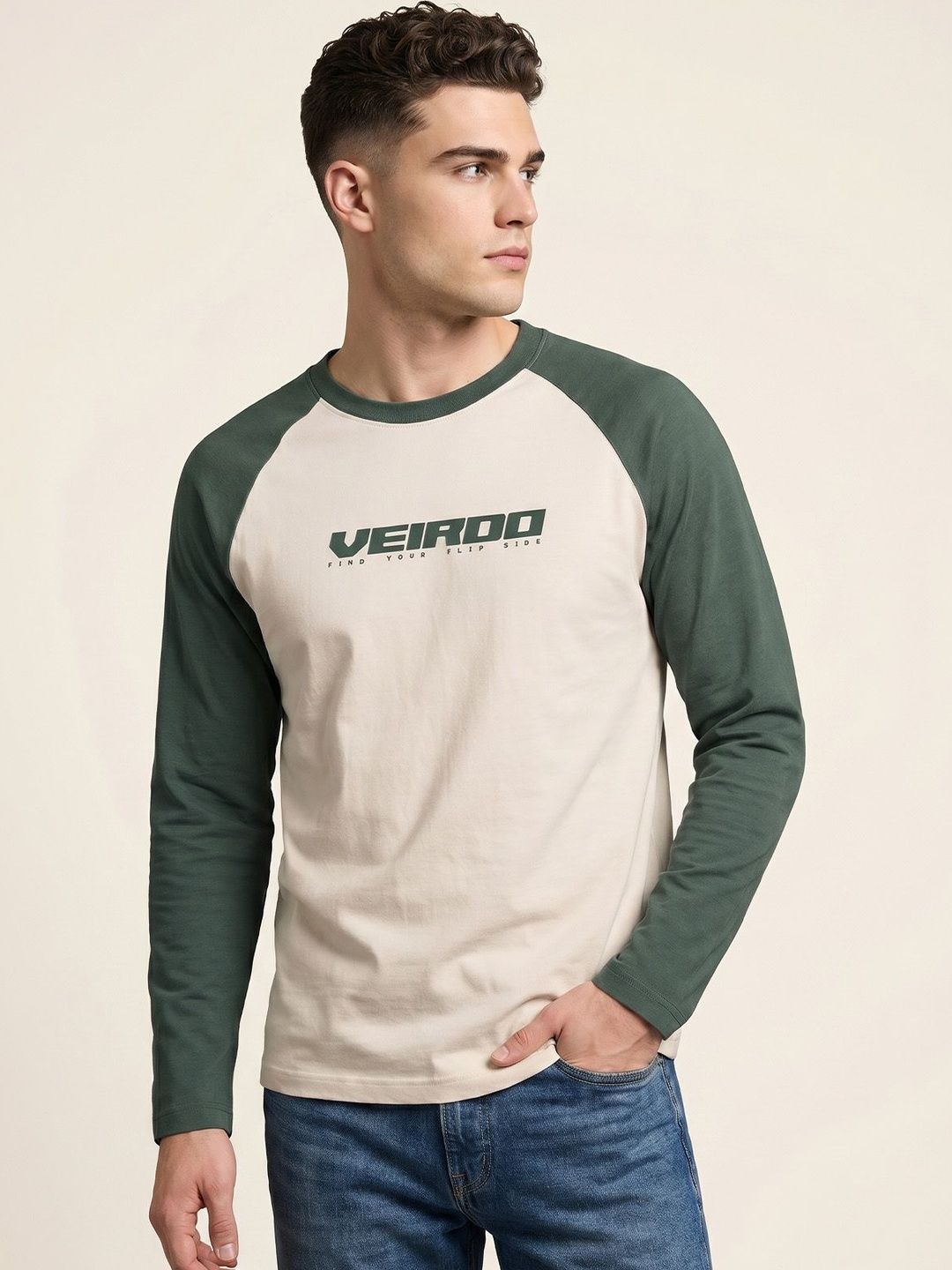 VEIRDO Men Colourblocked Henley Neck Drop-Shoulder Sleeves Pure Cotton Applique T-shirt