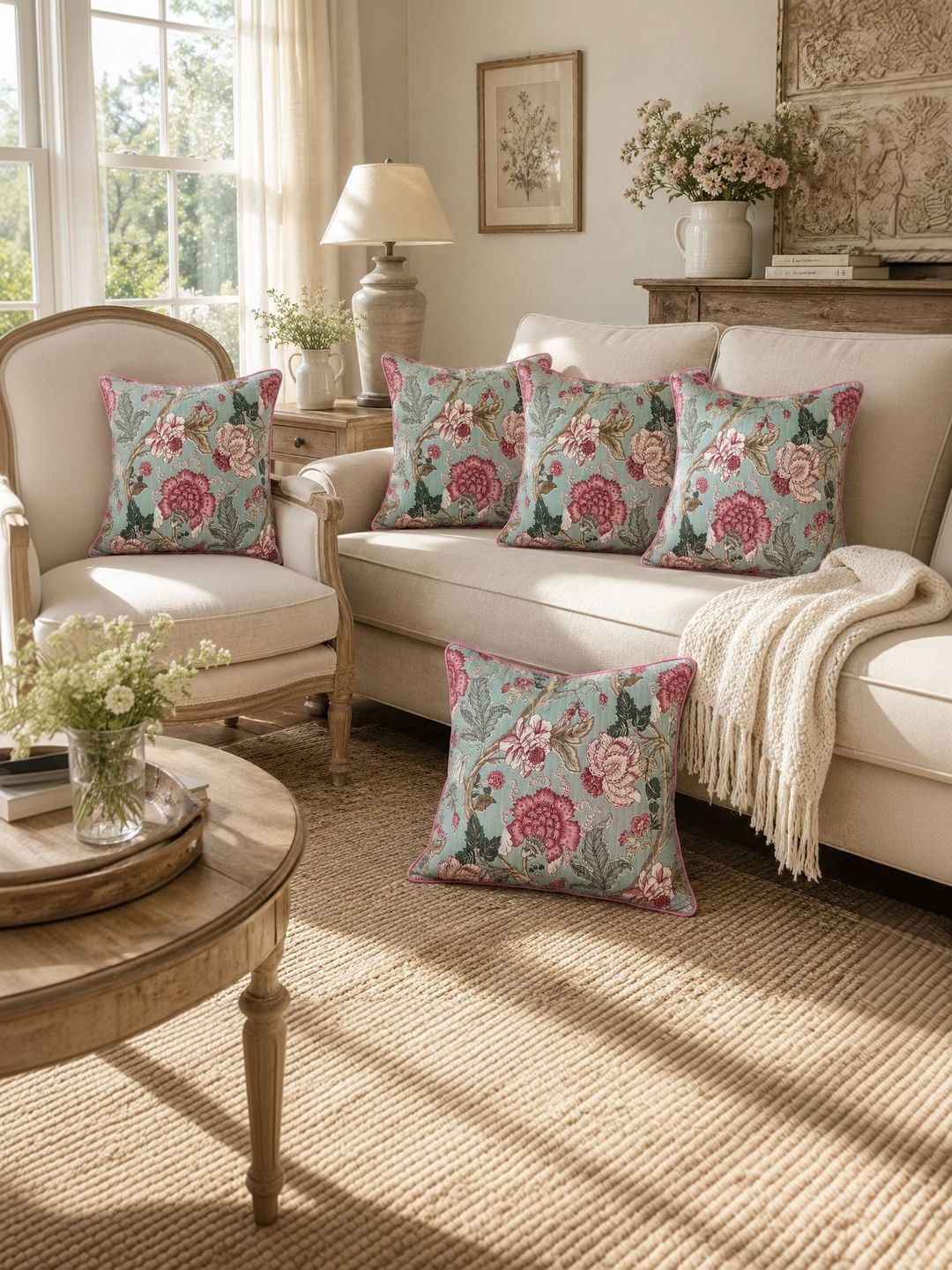 Clasiko Pink & Blue Set of 5 Floral Cotton Square Cushion Covers