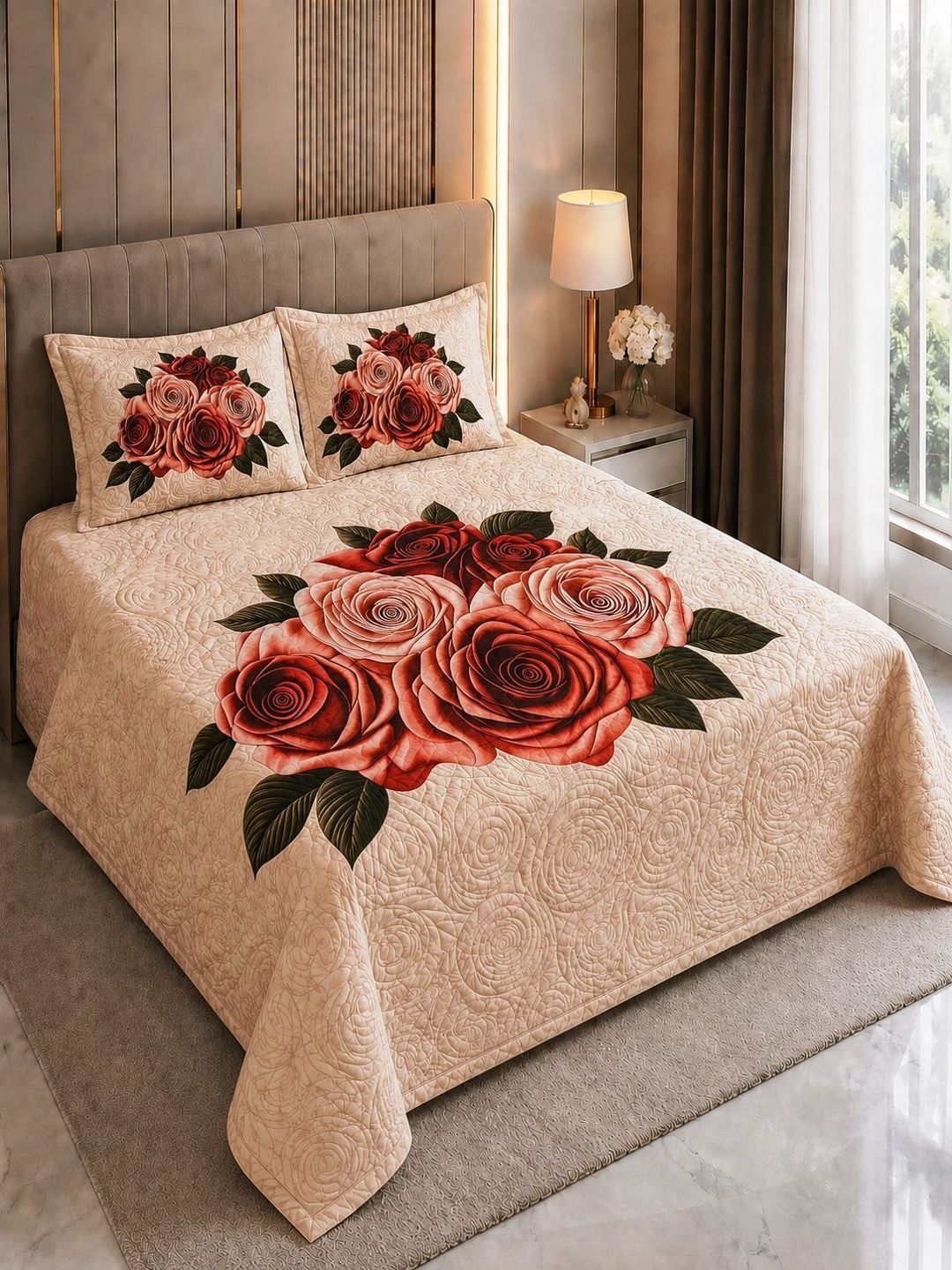 TINDLER KNOTS White Printed Cotton 250 TC Double Bedsheet With 2 Pillow Covers 90"x100"