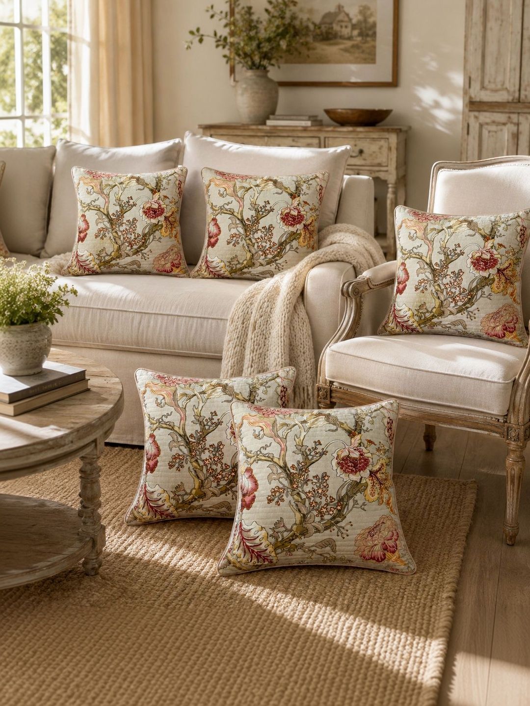 Clasiko Clasiko Beige & Maroon 5 Pcs Floral Square Cushion Covers