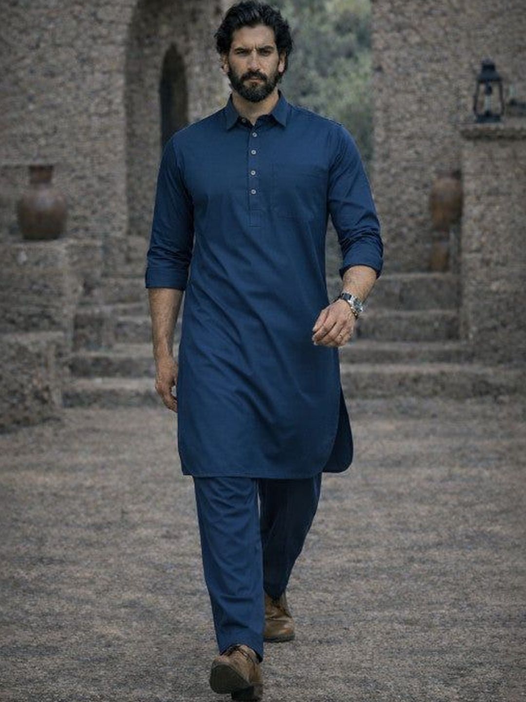 See Designs See Designs Men Blue Cotton Pathani Kurta With Salwar