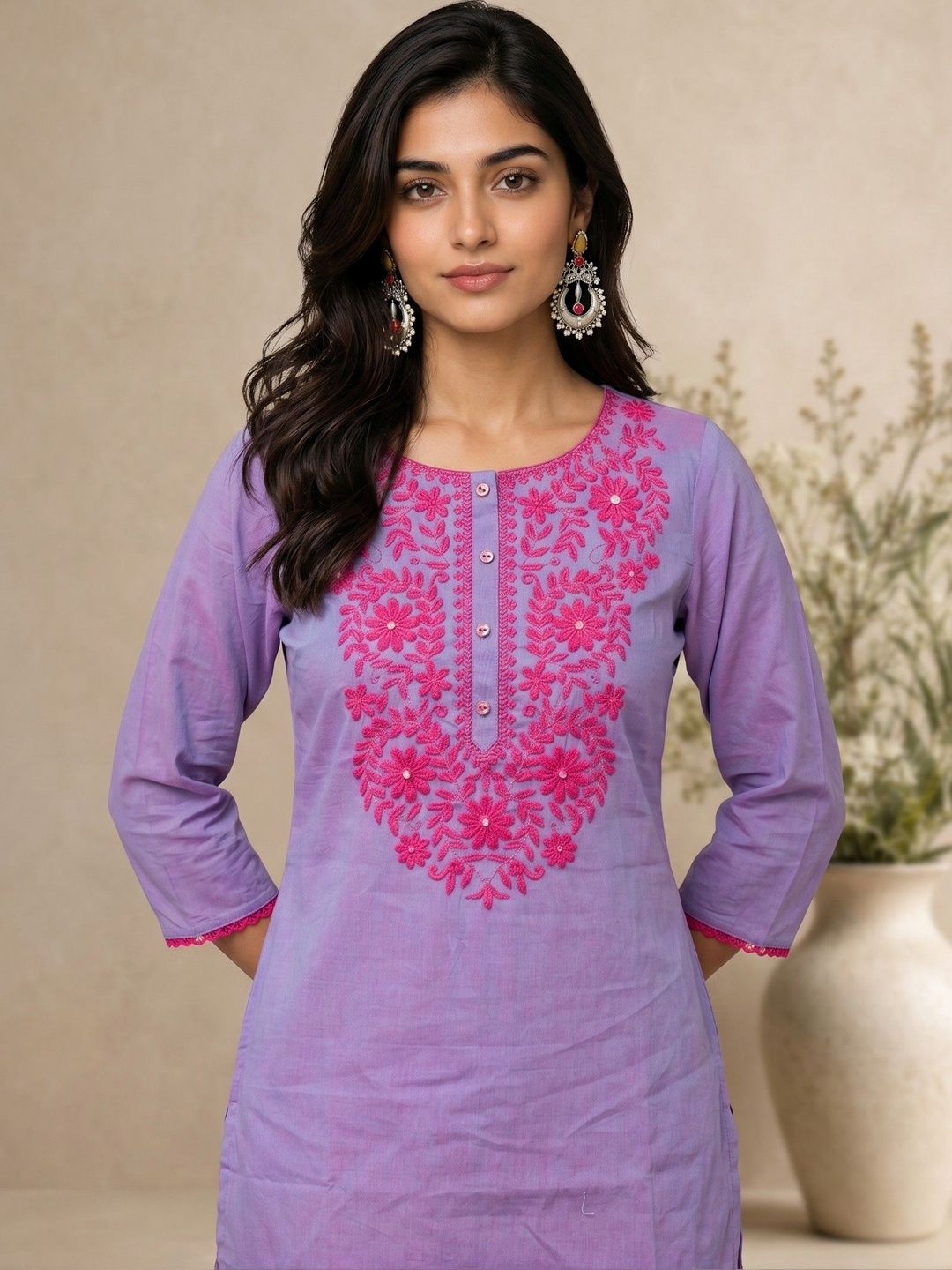 Sangria Sangria Chikankari Embroidered Pure Cotton Round Neck Calf Length Kurta
