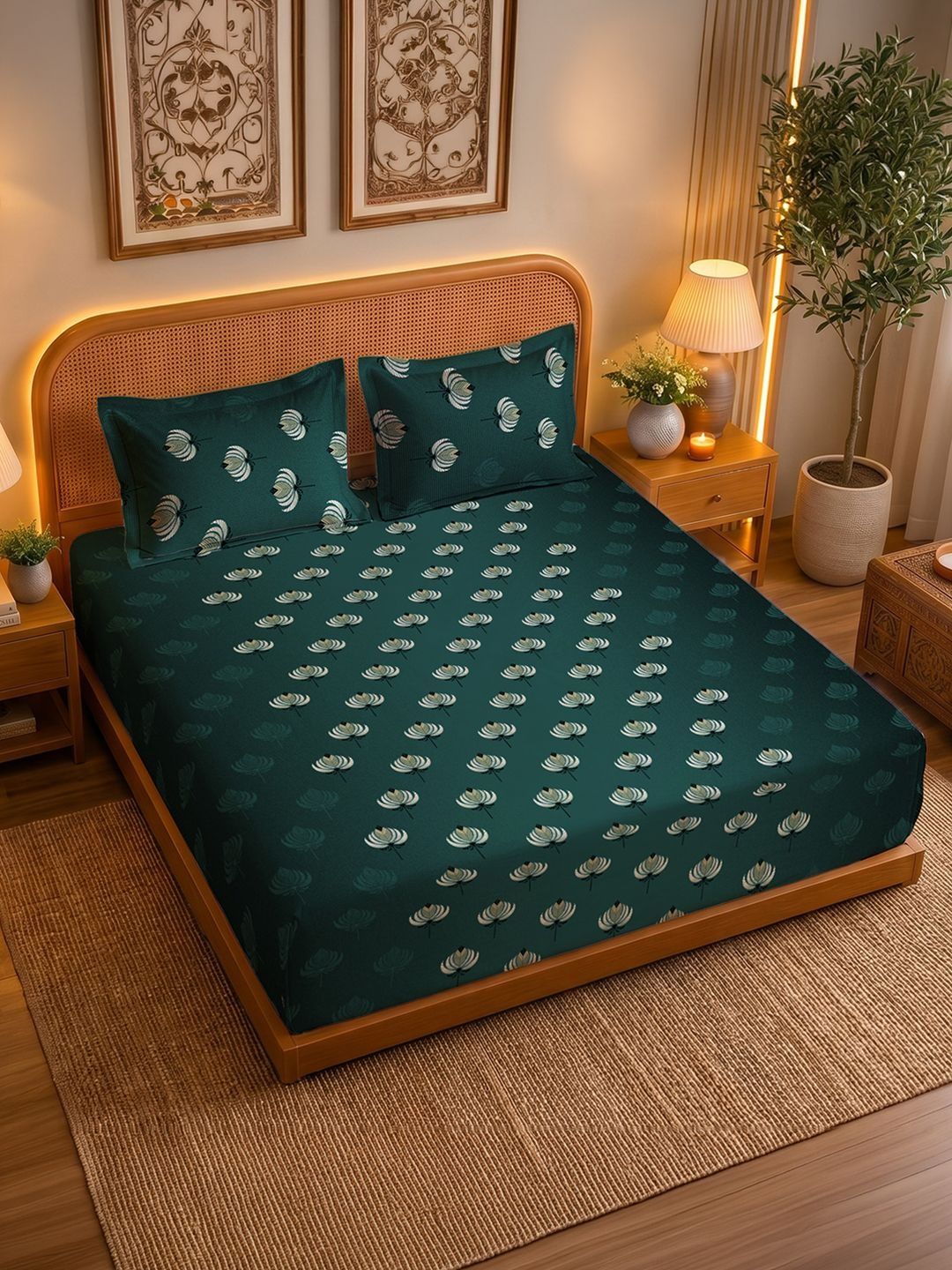 URBAN SPACE URBAN SPACE green 200 TC Cotton King Bedsheet with 2 Pillow Cover - 108" x 108"