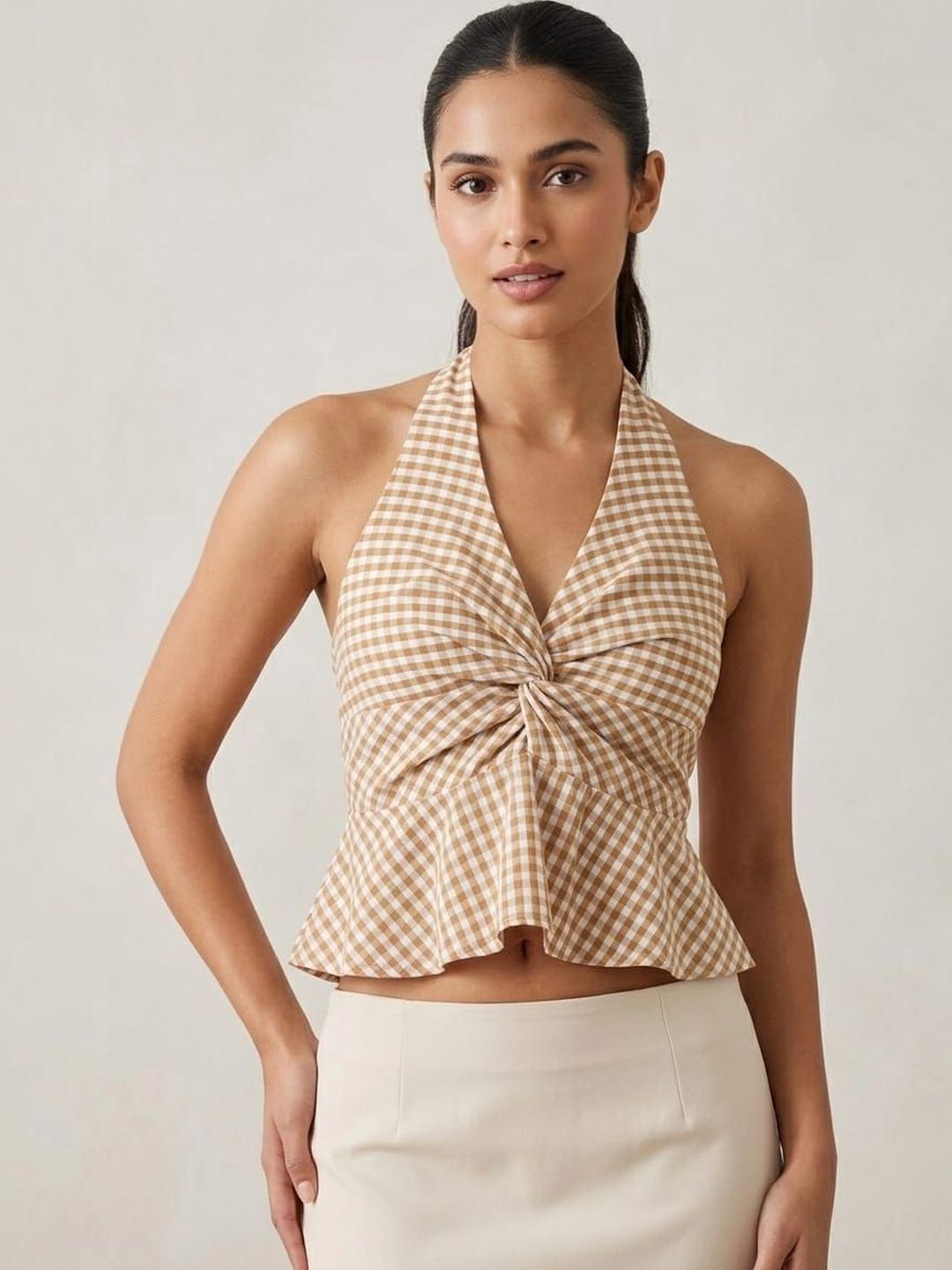 HIGH BUY HIGH BUY Checked Halter Neck Twisted Cotton Peplum Crop Top