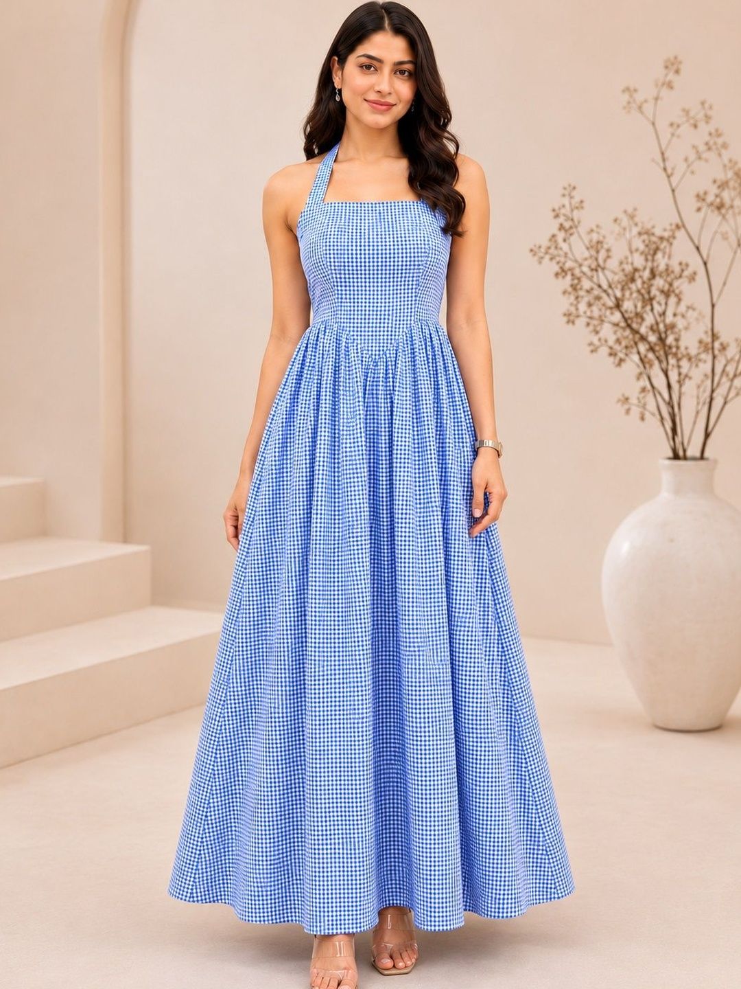 SHEETAL Associates SHEETAL Associates Checked Halter Neck Crepe Maxi Dress