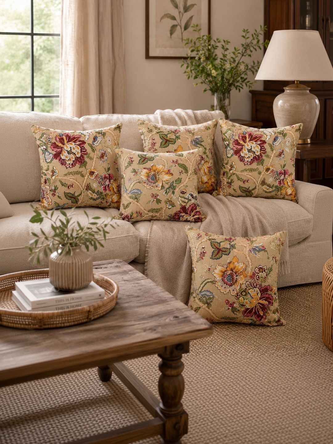 Clasiko Cream Floral Cotton Lightweight 5 Pcs Square Cushion Covers - 20 x 20 In