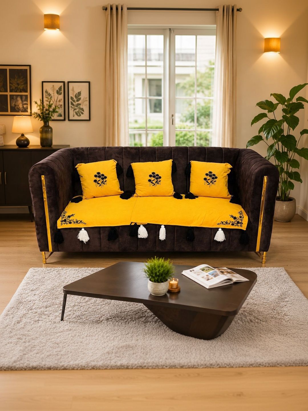 LUXEHEAVEN LUXEHEAVEN Yellow Embroidered Sofa Cover Without Arms