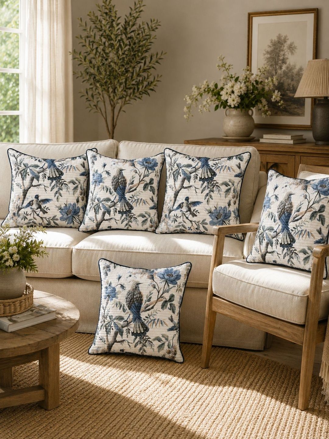 Clasiko White & Blue Set of 5 Floral Cotton Square Cushion Covers
