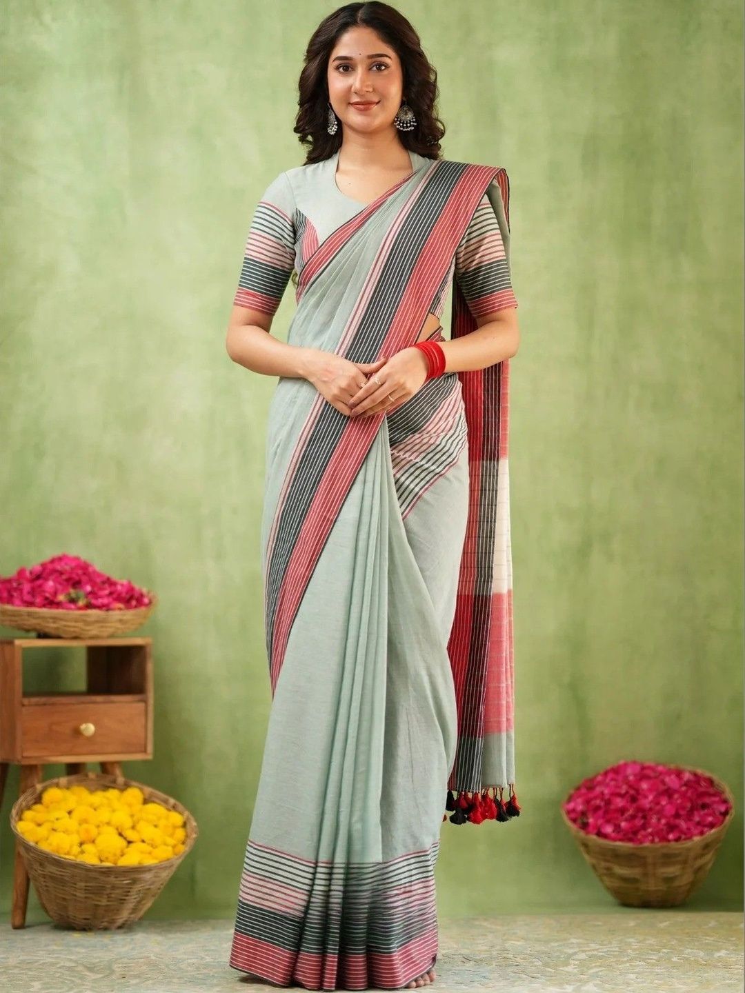 Mitera Striped Linen Blend Saree