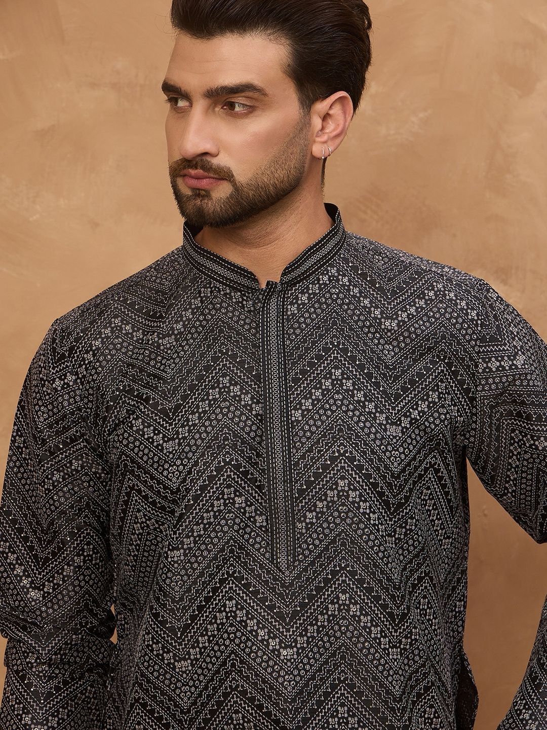 House of Pataudi Printed Silk Mandarin Collar Straight Kurtas