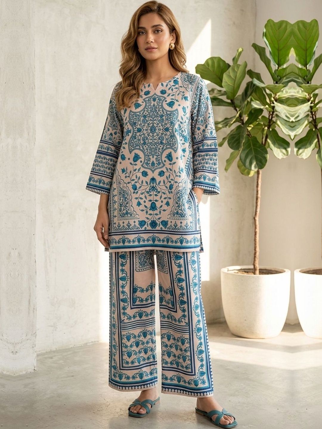 OOJAL Bohemian Printed Tunic with Palazzos