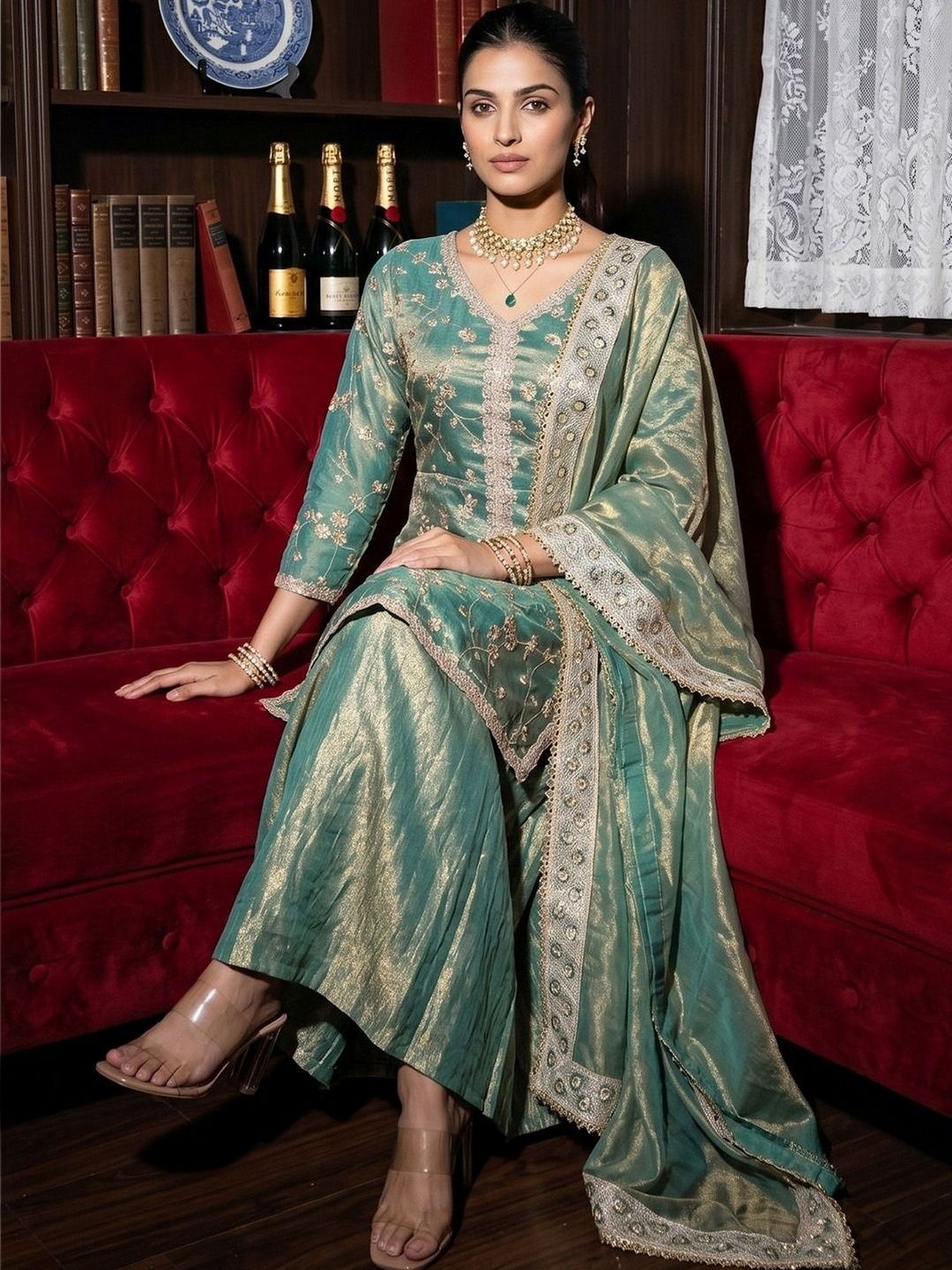 Sangria Sangria Women Ethnic Motifs Embroidered Regular Kurta with Sharara & Dupatta