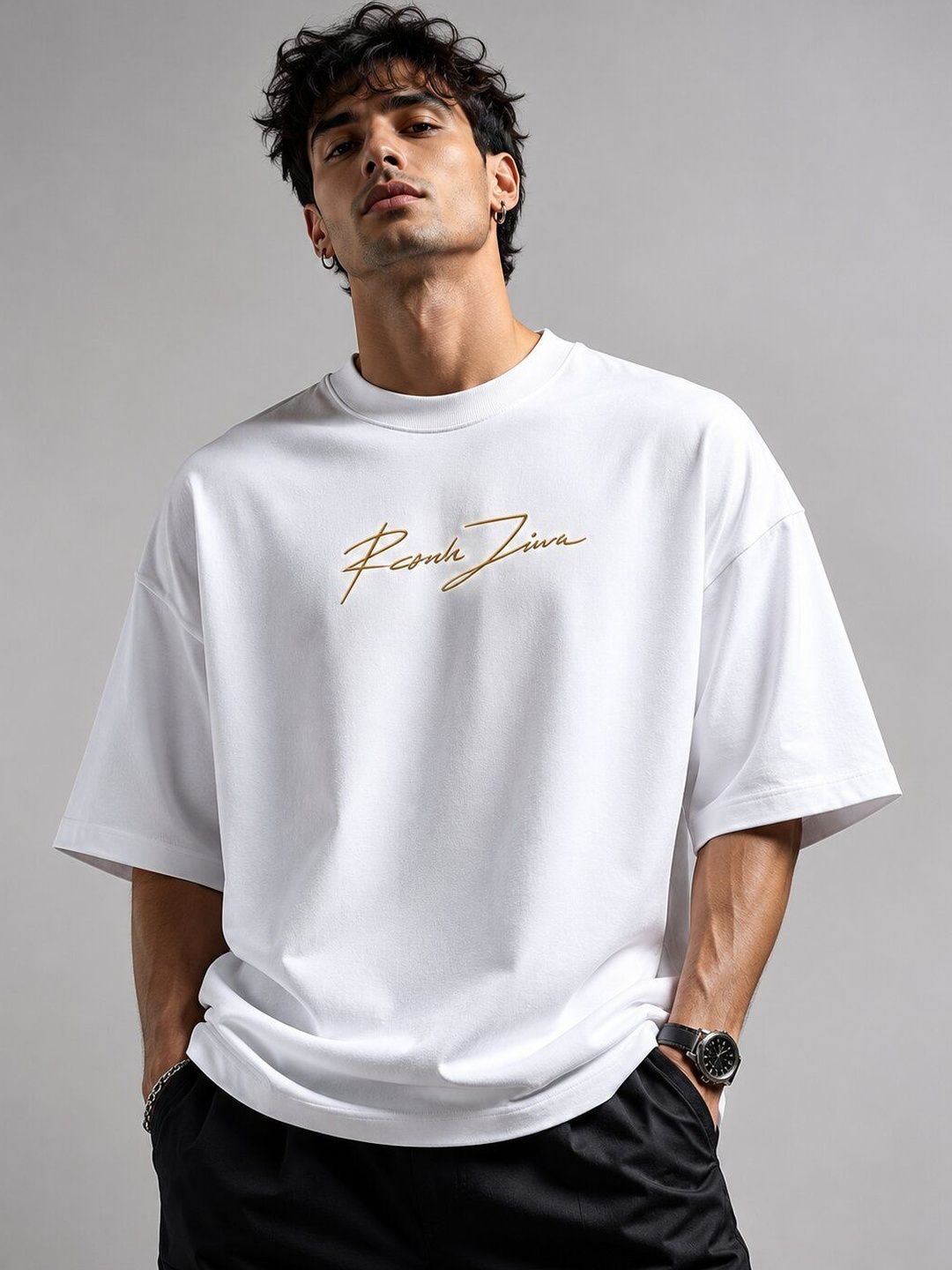 HERE&NOW Men Printed Drop-Shoulder Sleeves T-shirt