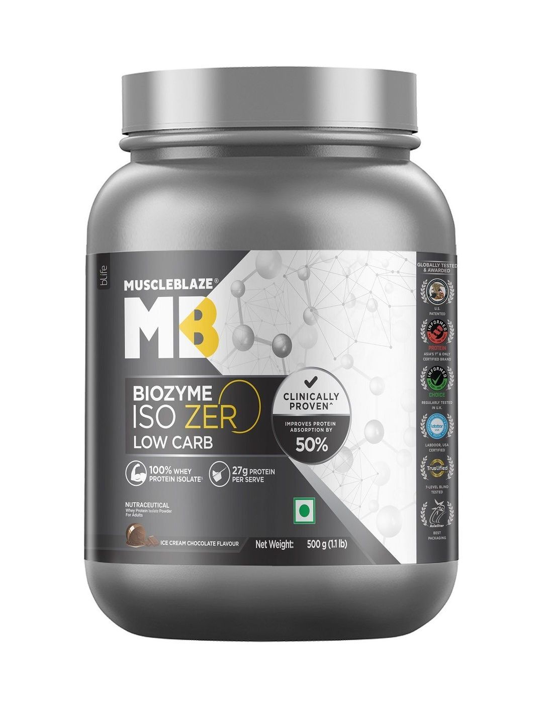 MuscleBlaze MuscleBlaze Biozyme Iso-Zero Whey Protein - 500 g - Ice Cream Chocolate