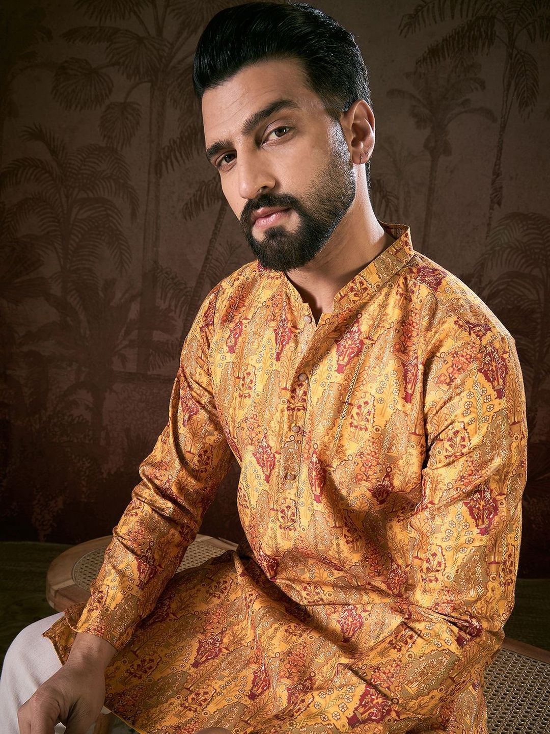 House of Pataudi House of Pataudi Printed   Mandarin Collar Calf Length Straight Kurtas