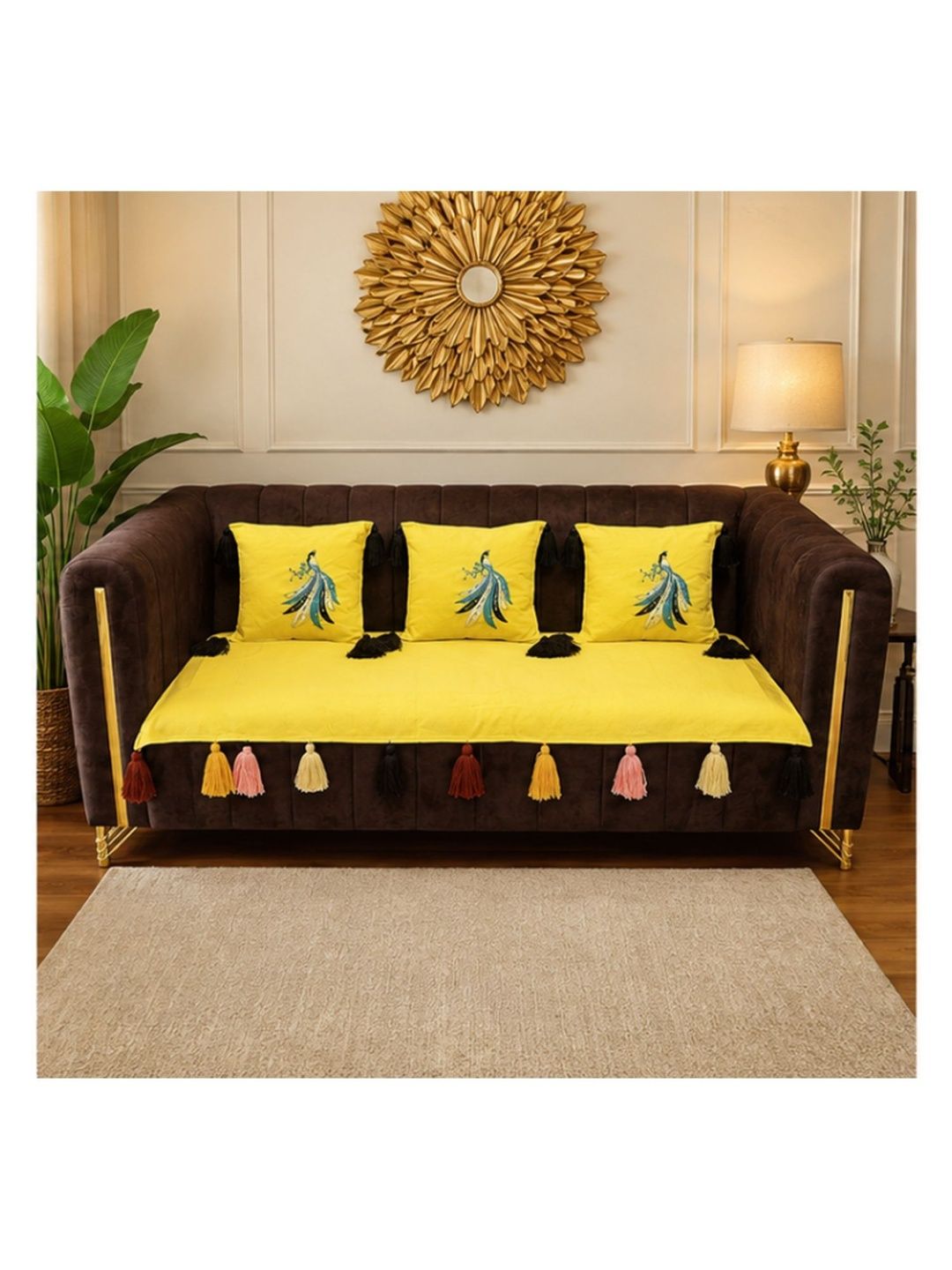 LUXEHEAVEN LUXEHEAVEN Yellow Embroidered Sofa Cover Without Arms