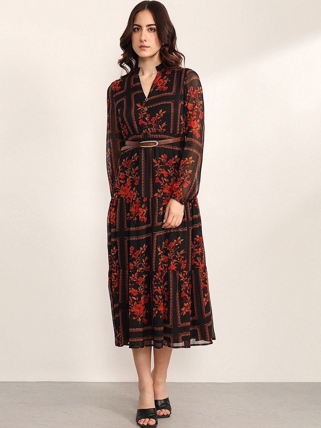 Floral Print A-Line Midi Dress Kazo Floral Print A-Line Midi Dress