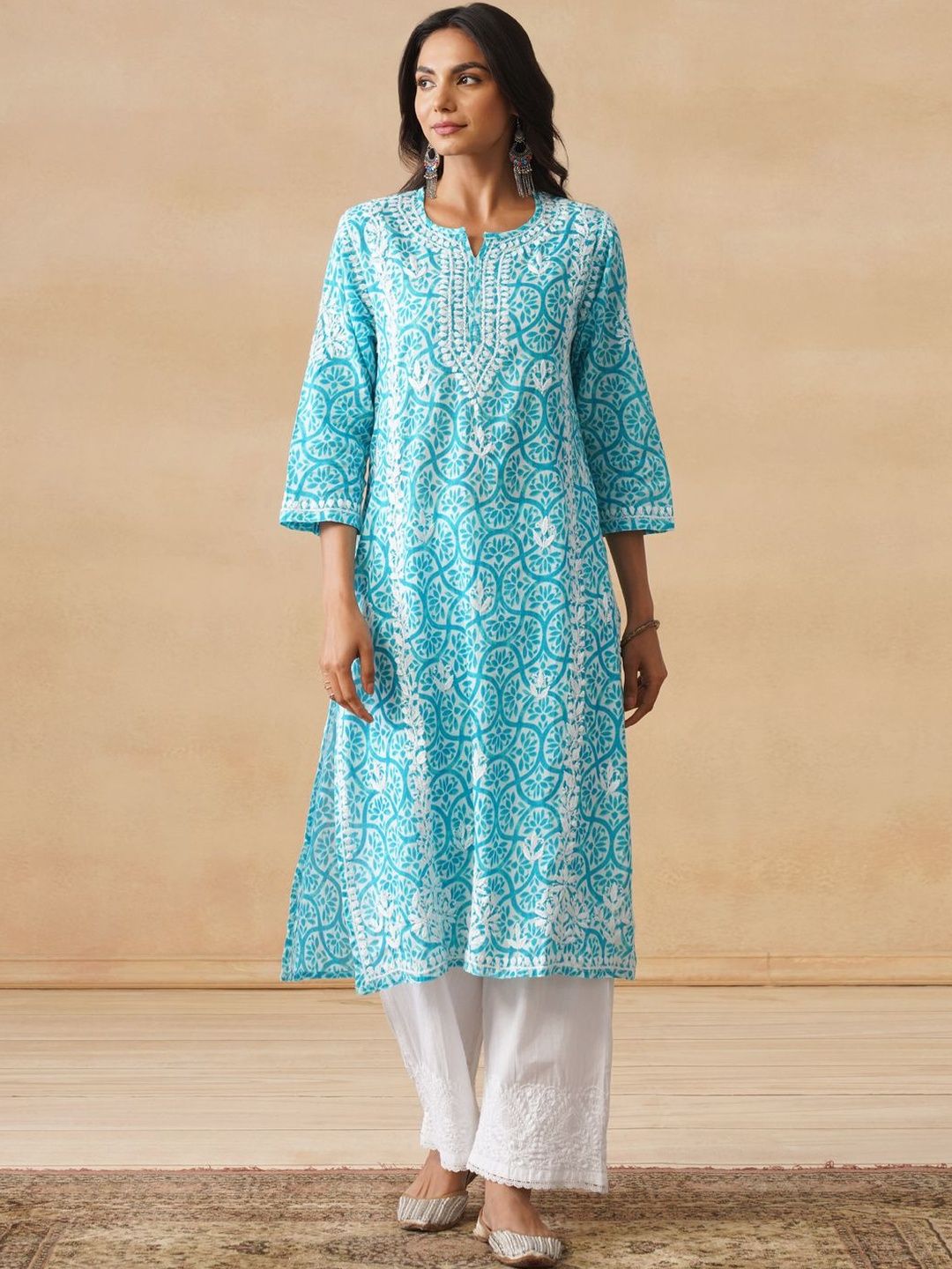 Women Chikankari Kurta House of Chikankari Women Turquoise Blue Mulmul Chikankari Embroidered Kurta