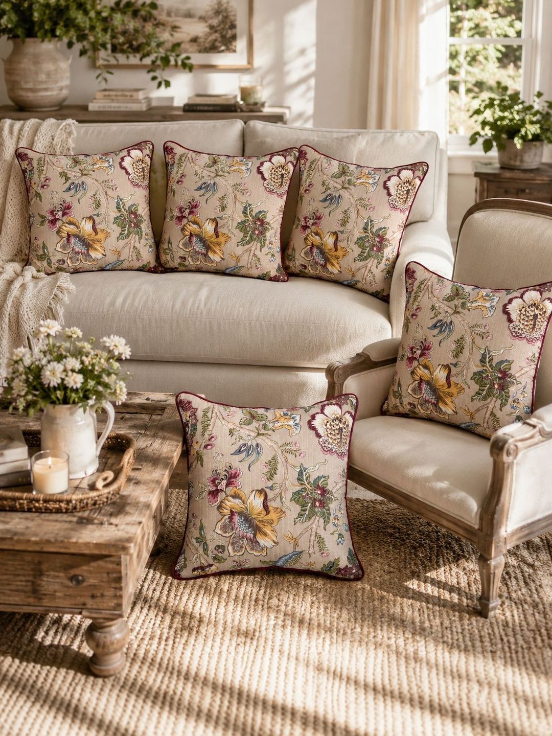 Clasiko Beige Floral Cotton Lightweight 5 Piece Square Cushion Covers - 16 x 16 Inches