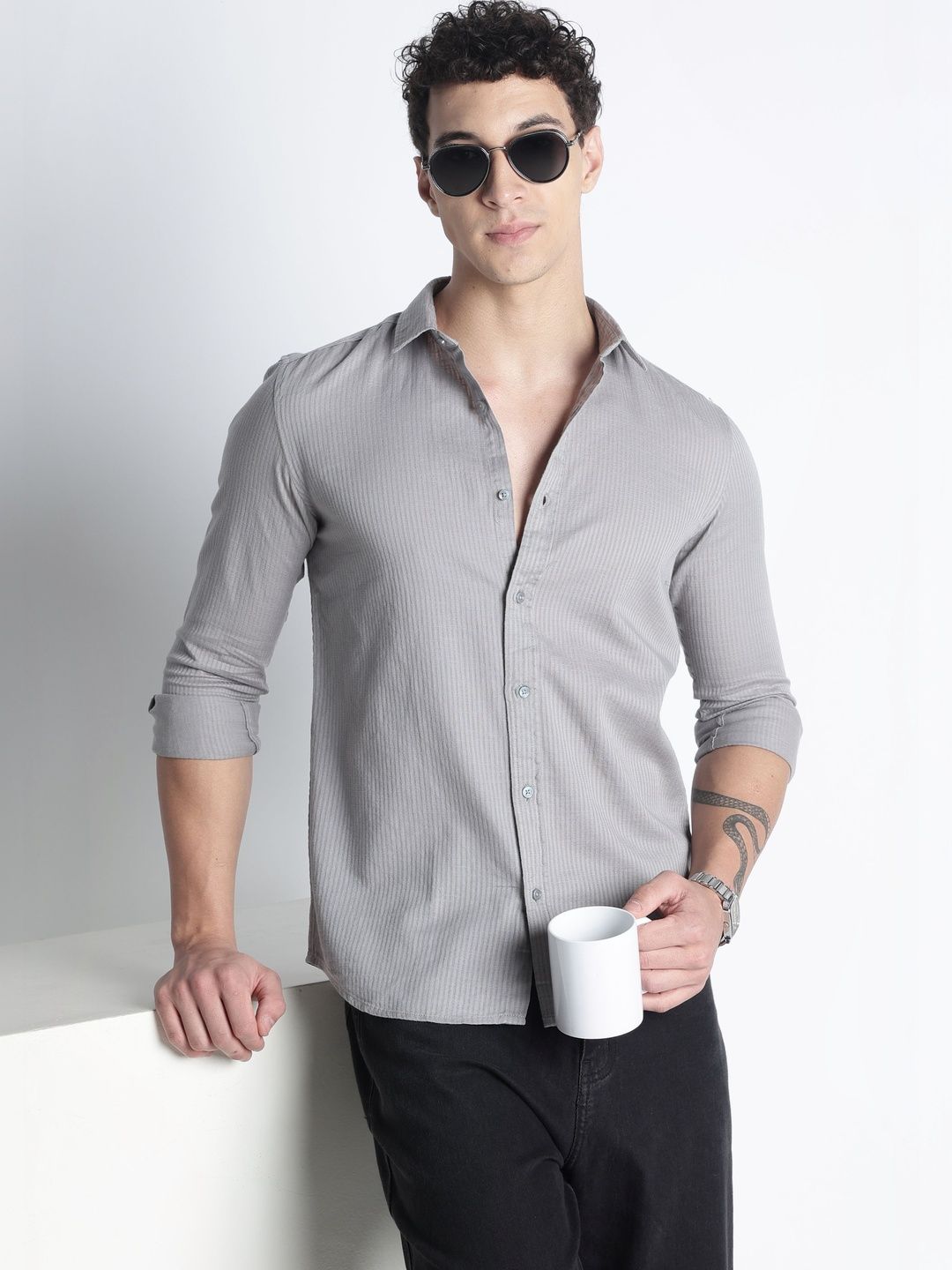NEVER NEUD Men Classic Slim Fit Striped Casual Shirt