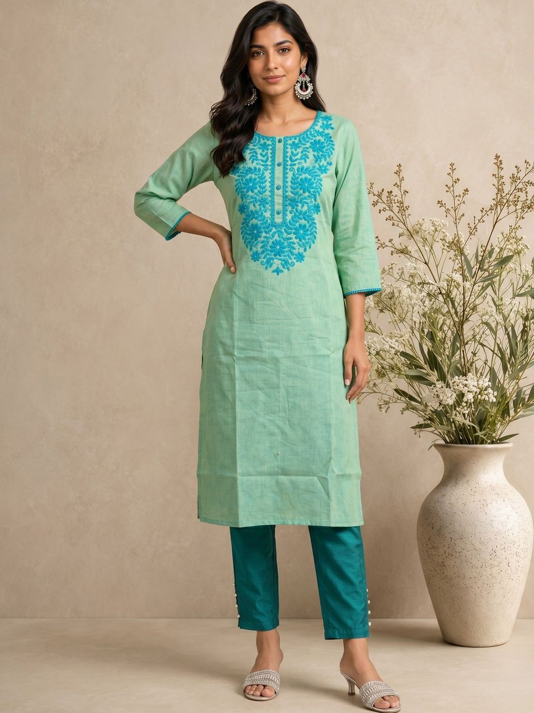Sangria Chikankari Embroidered Pure Cotton Round Neck Calf Length Kurta