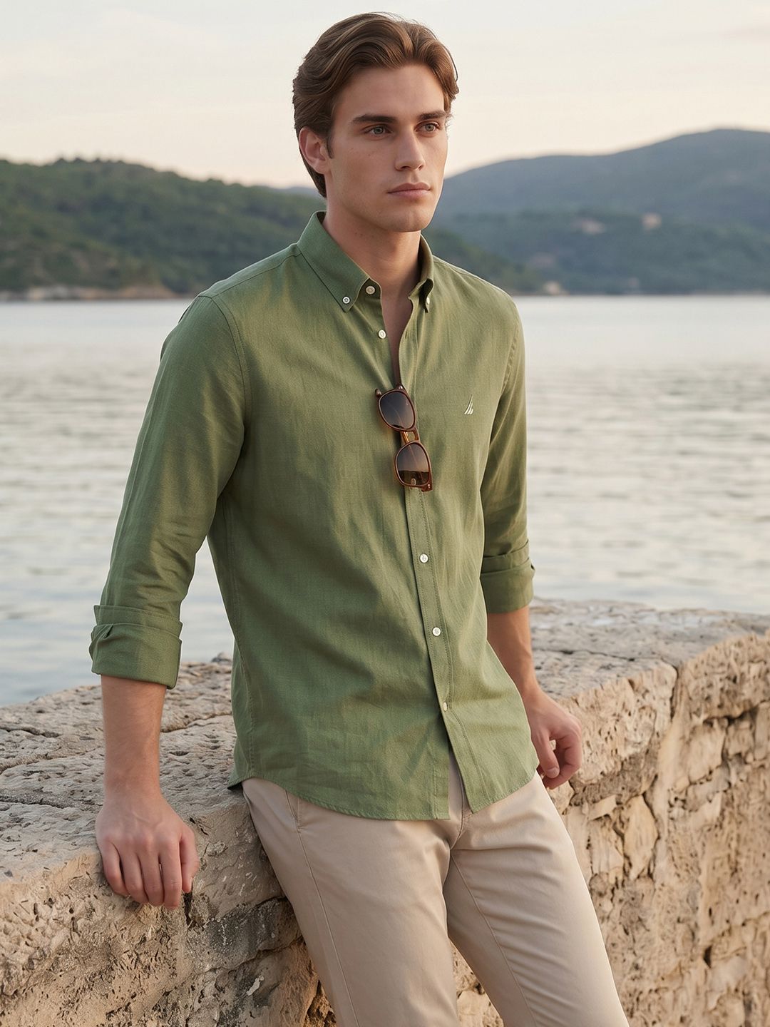 Nautica Button-Down Collar Slim Fit Pure Cotton Casual Shirt
