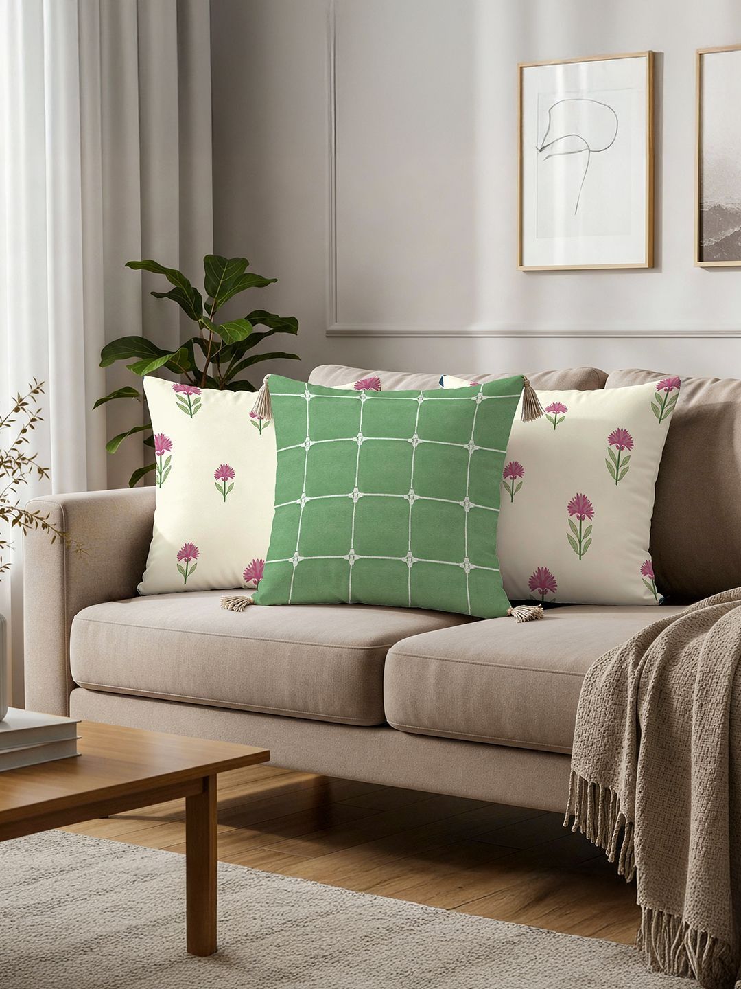 URBAN SPACE URBAN SPACE Green & Pink Set of 3 Floral Square Cushion Covers