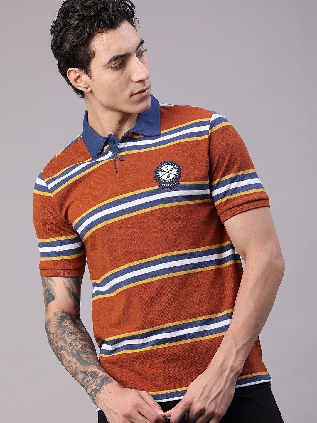 V-Mart Men Striped Polo Collar Applique T-shirt
