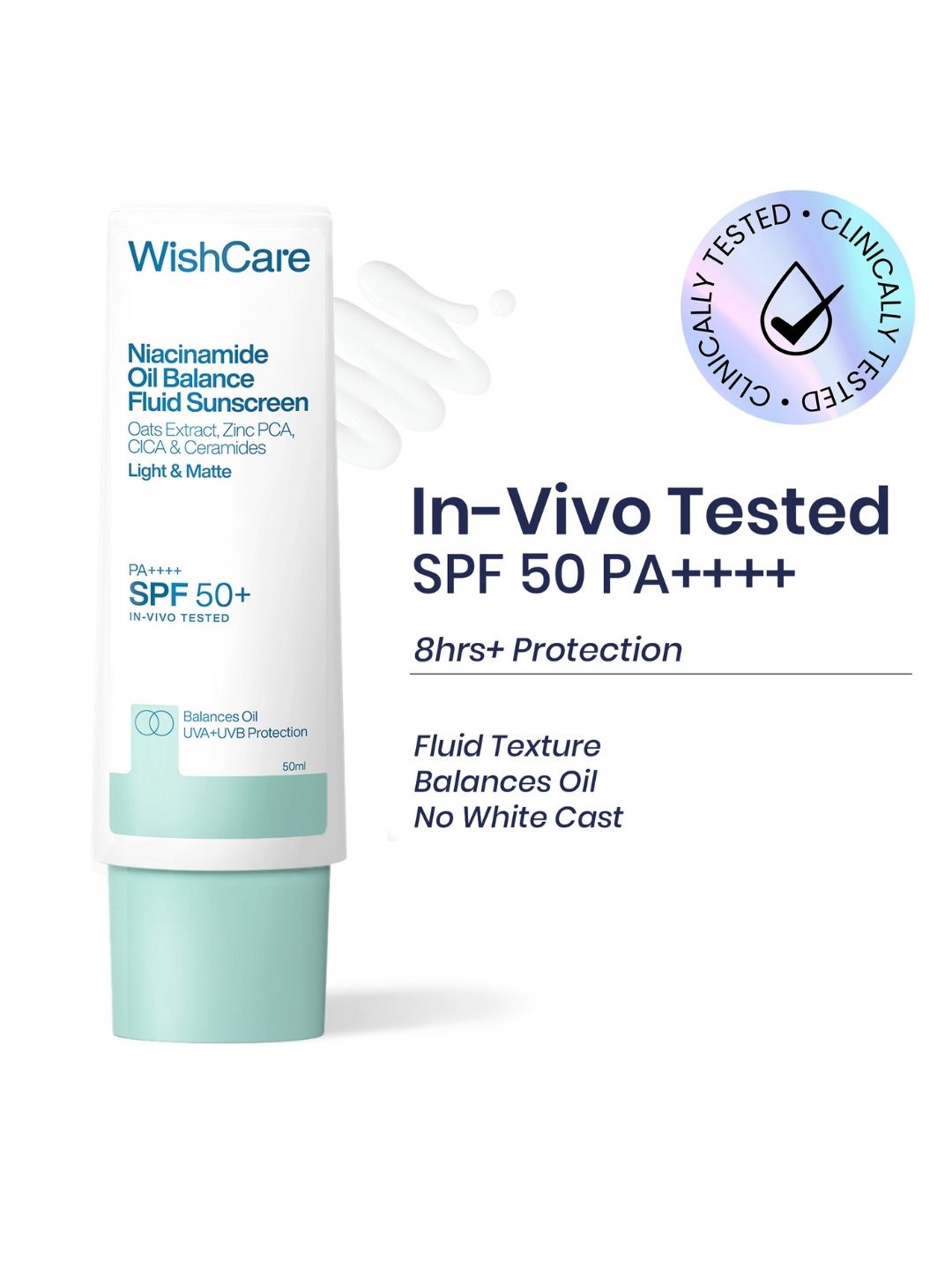 WishCare SPF50 Niacinamide Oil Balance Fluid Sunscreen for Face - In-Vivo Tested 50 ml