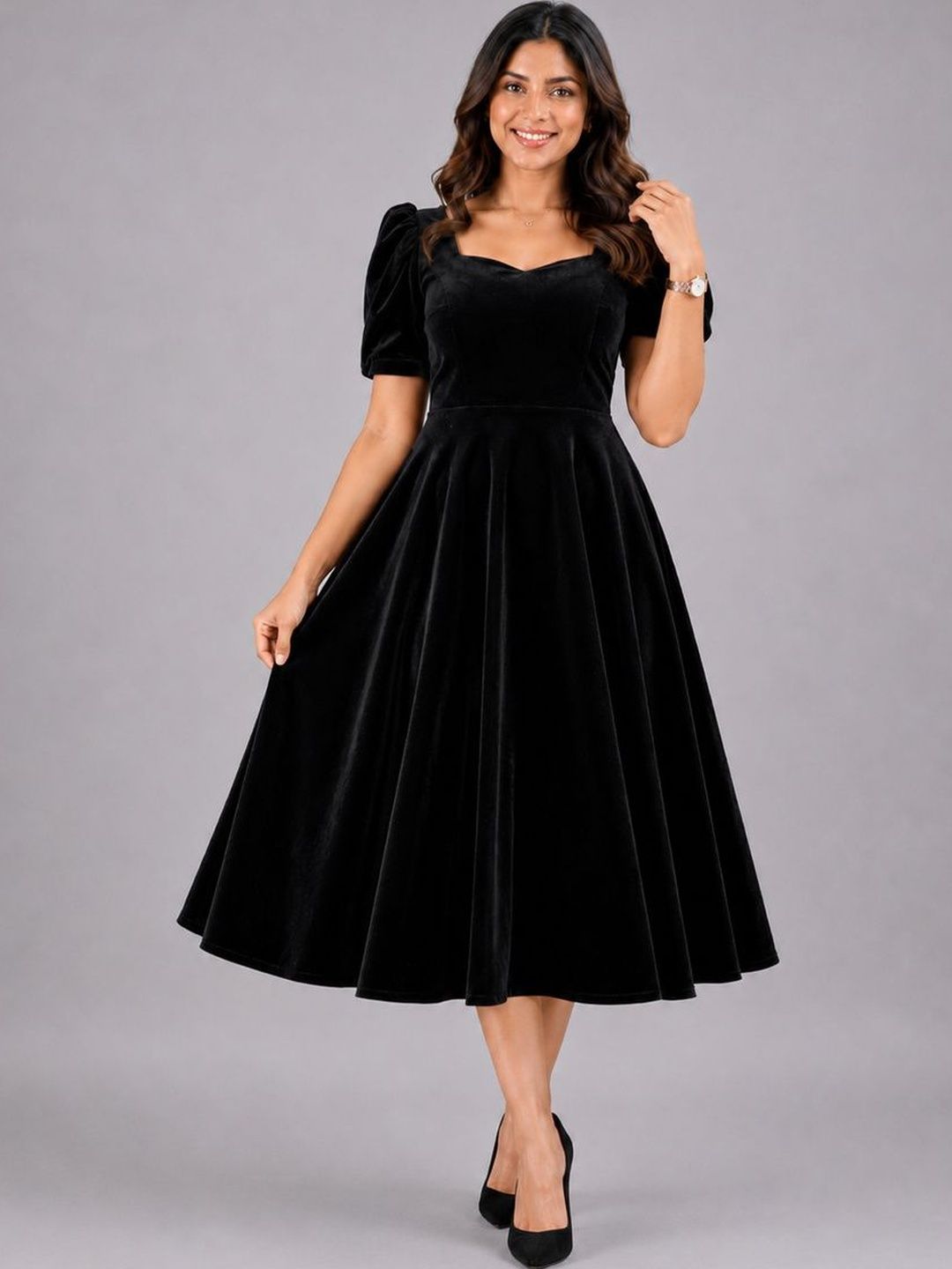 Aumira Puff Sleeve Velvet A-Line Midi Dress
