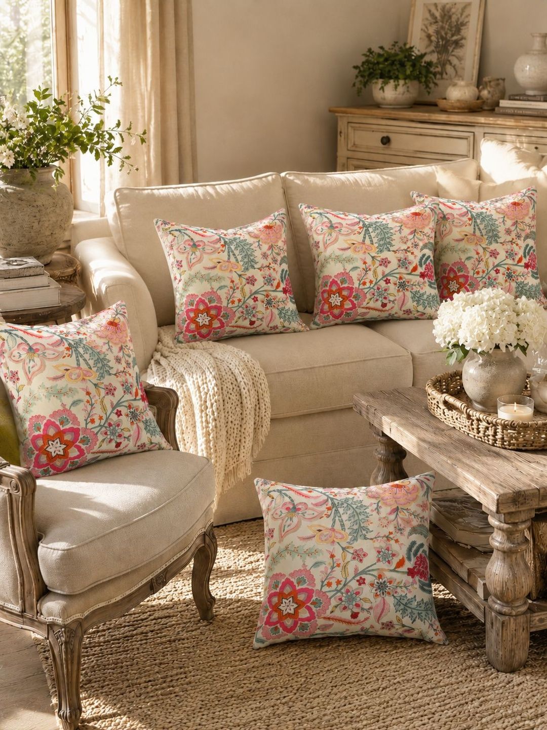 Clasiko Clasiko White Floral Cotton Breathable 5 Piece Square Cushion Covers -24x24In