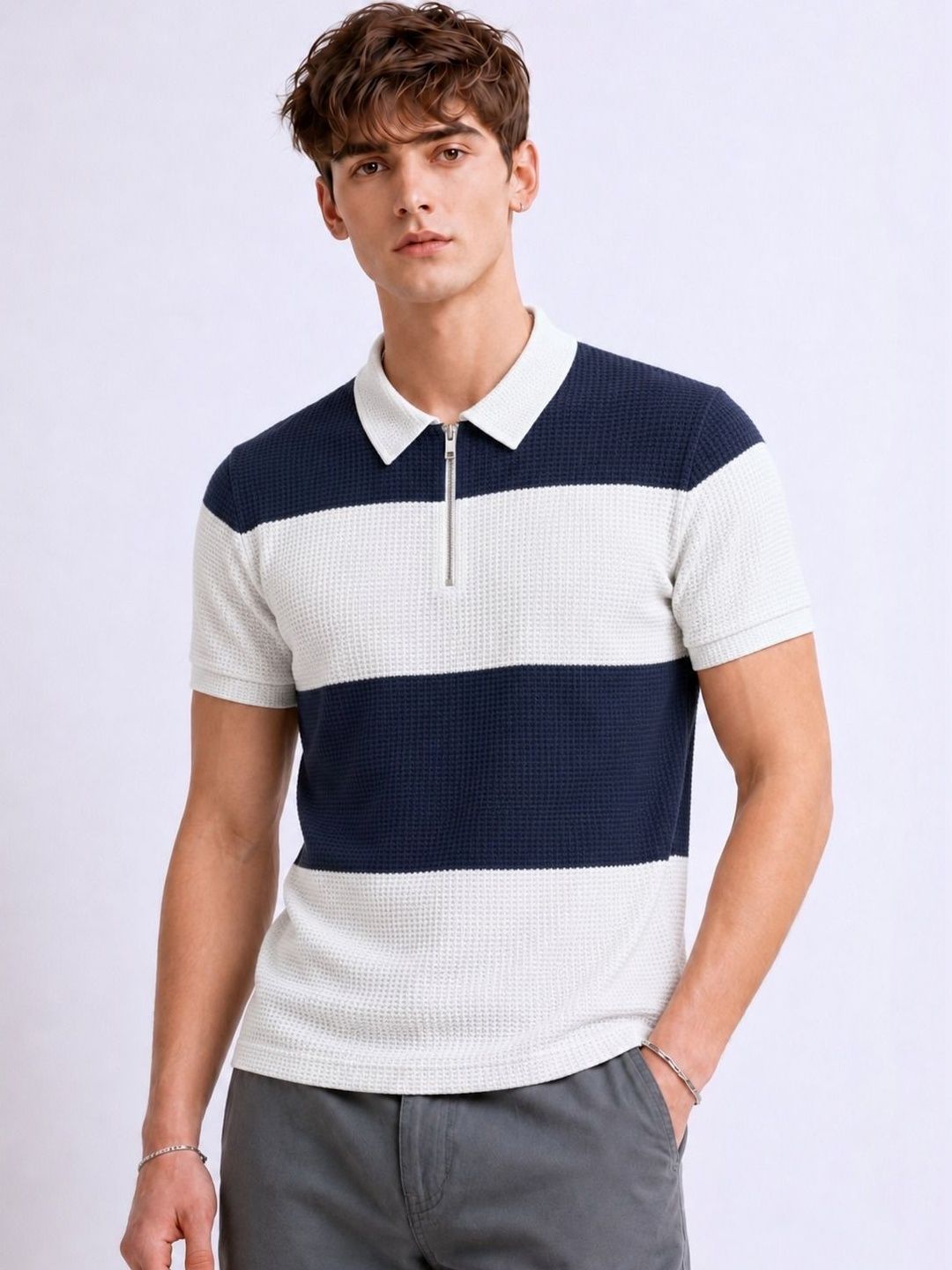 Try This Men Striped Polo Collar T-shirt