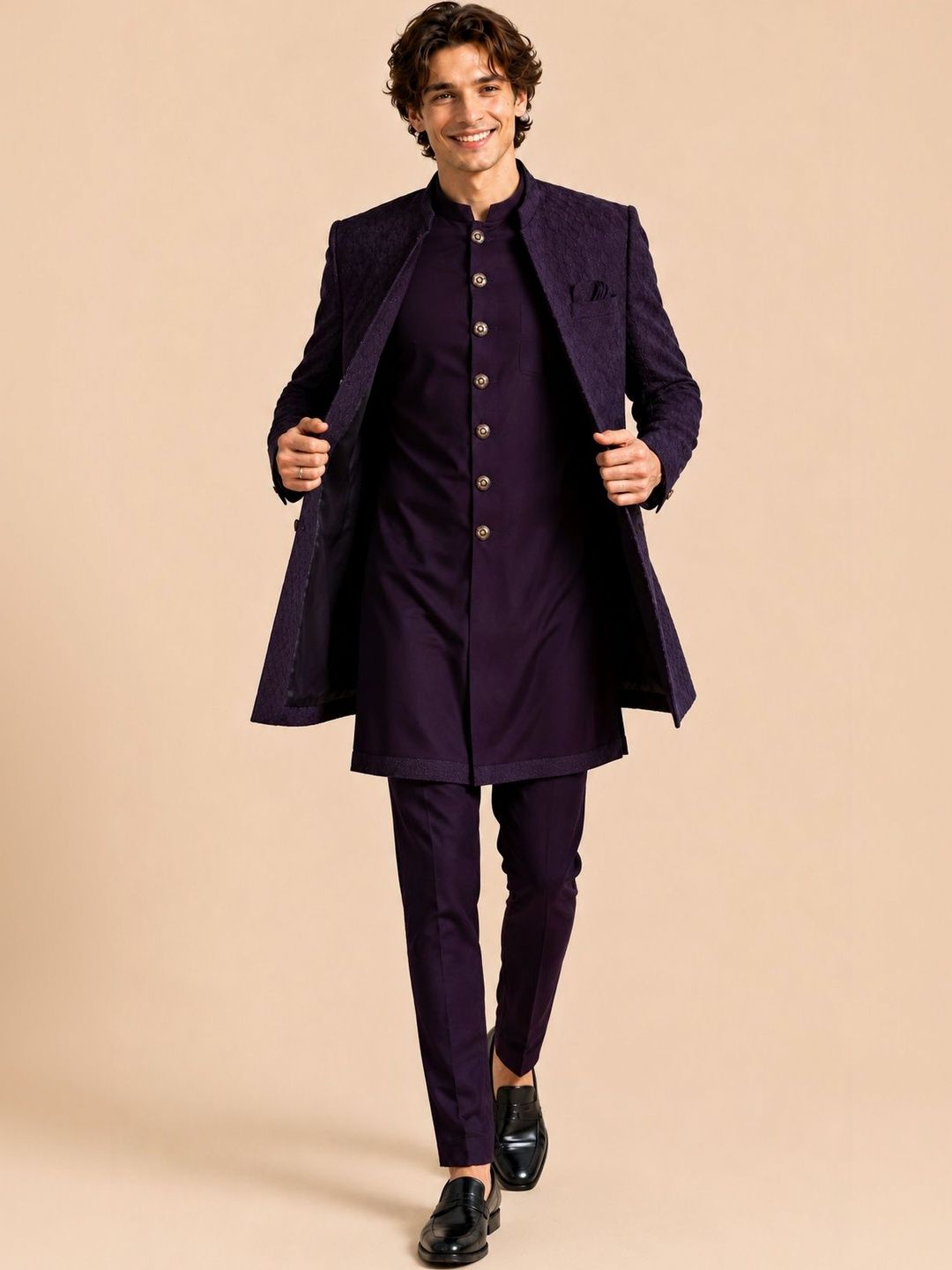 House of Pataudi Men Deep Purple Self-Textured Layered Indo-Western Sherwani